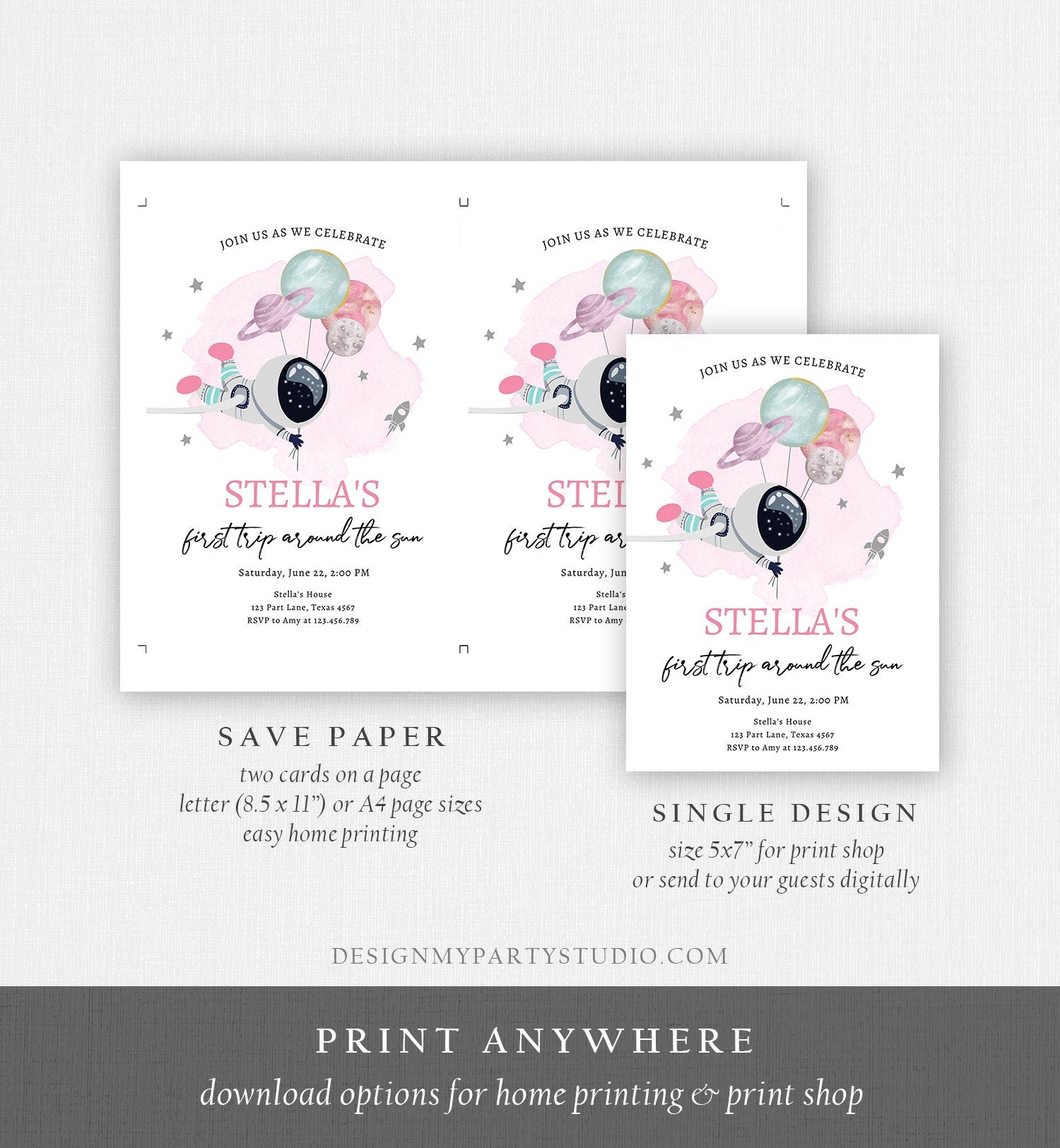 Editable Outer Space Birthday Invitation Girl Pink Galaxy Astronaut Trip Around the Sun Download Printable Template Digital Evite 0366