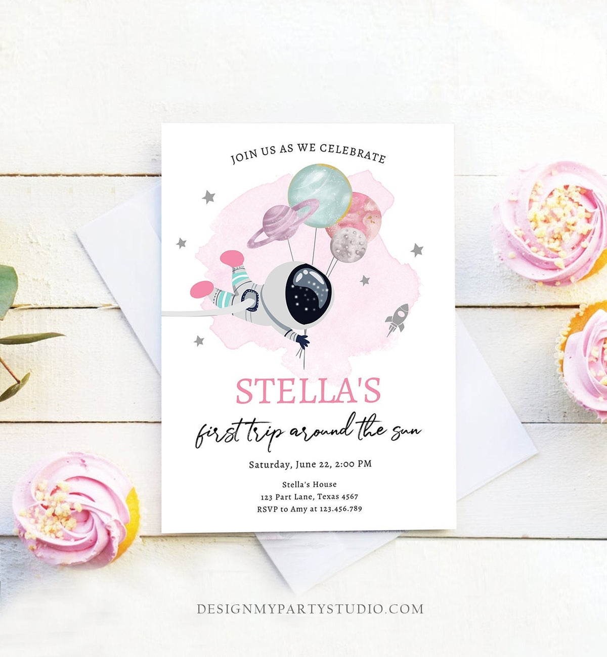 Editable Outer Space Birthday Invitation Girl Pink Galaxy Astronaut Trip Around the Sun Download Printable Template Digital Evite 0366