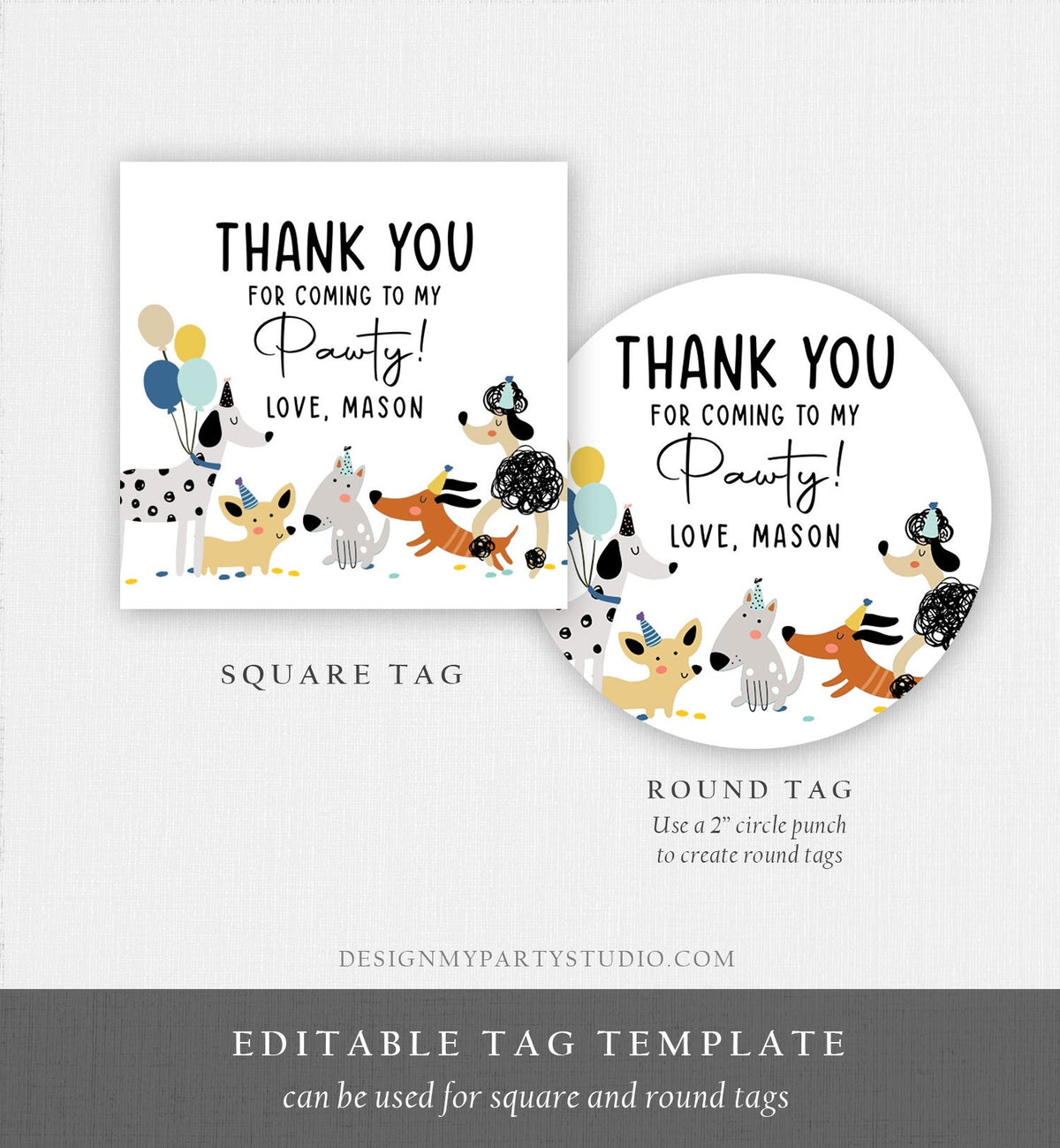 Editable Dog Favor Tag Puppy Dog Birthday Thank You Tag Boy Blue Puppies Pup Pet Animal Dog Stickers Digital Template Printable 0429