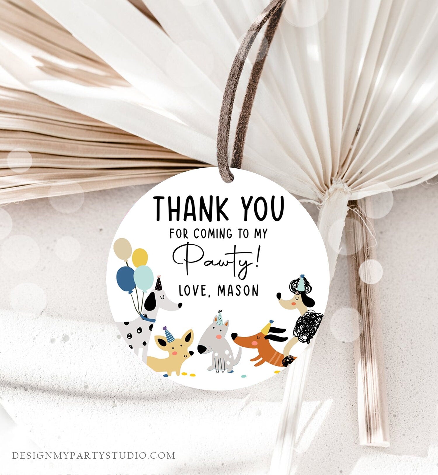 Editable Dog Favor Tags Puppy Dog Birthday Thank You Tag Boy Blue Puppies Pup Pet Animal Dog Themed Stickers Template PRINTABLE Corjl 0429