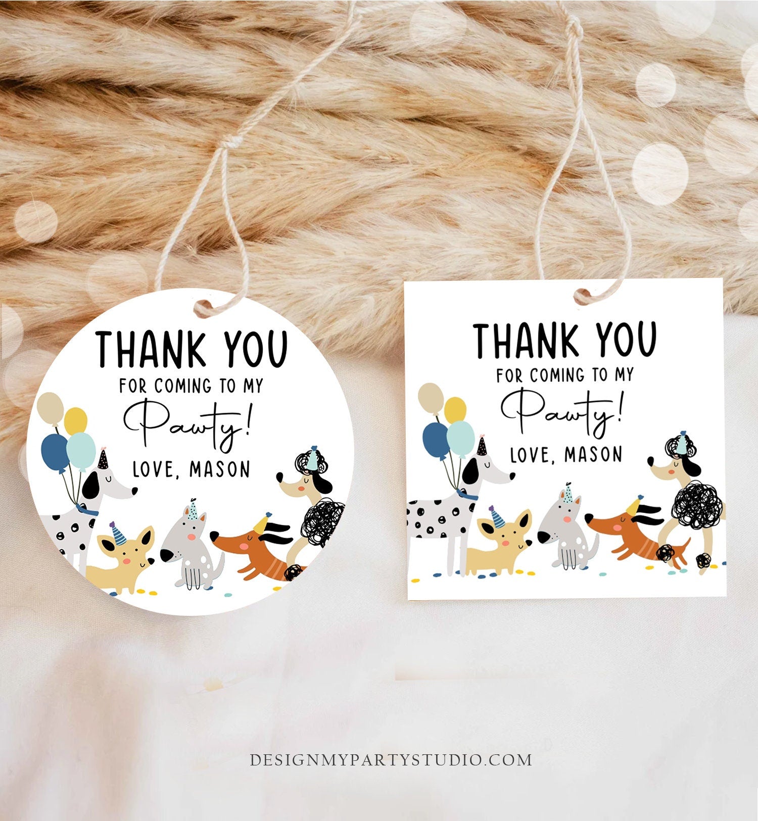 Editable Dog Favor Tag Puppy Dog Birthday Thank You Tag Boy Blue Puppies Pup Pet Animal Dog Stickers Digital Template Printable 0429