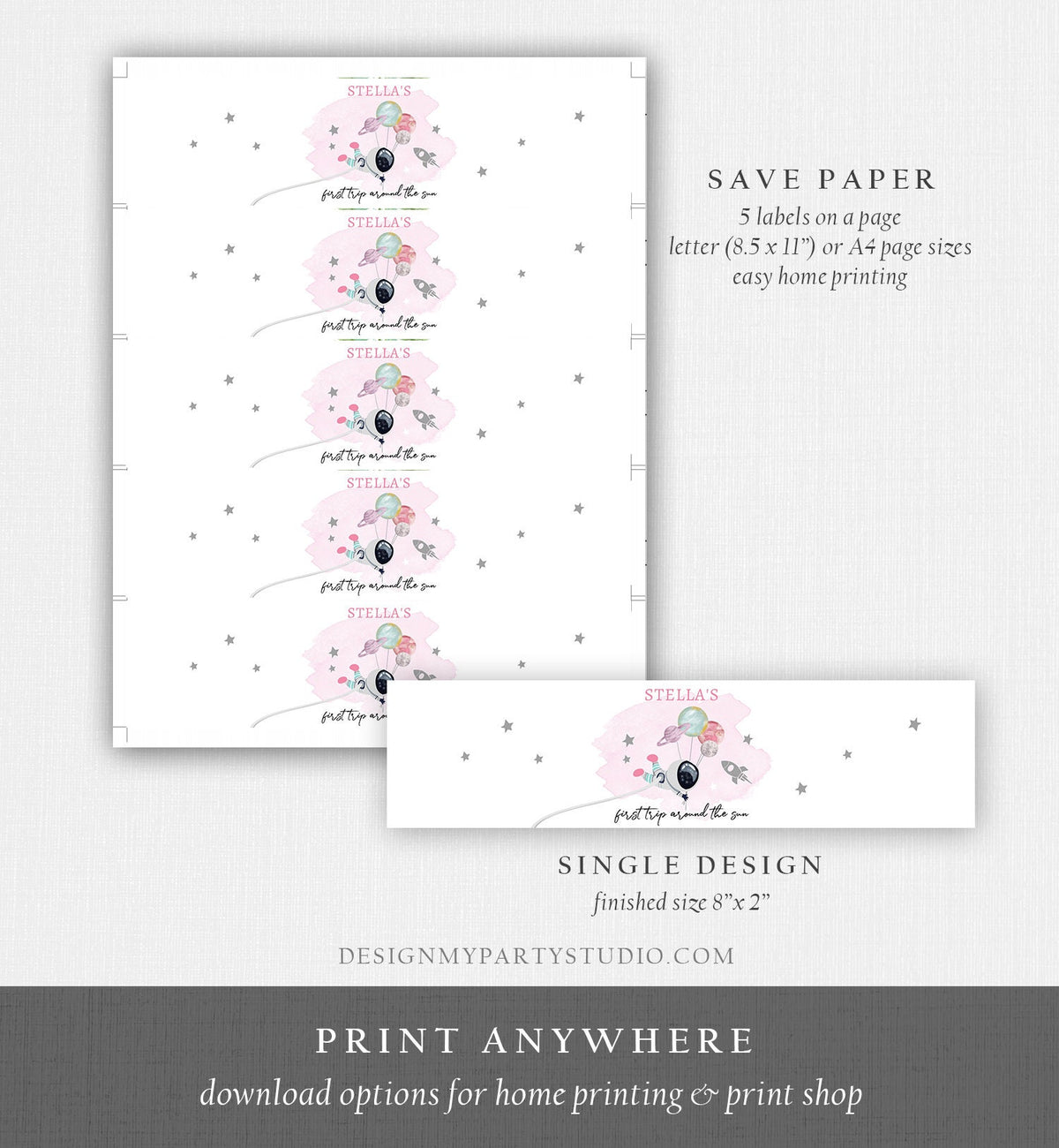 Editable Outer Space Water Bottle Label Galaxy Party Decor Girl Space 1st Birthday First Trip Around the Sun Digital Template Printable 0366