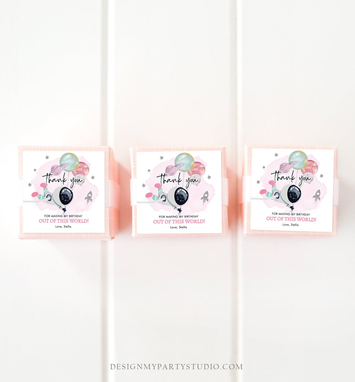 Editable Outer Space Favor Tag Astronaut Birthday Thank You Sticker Girl Pink Trip Out Of World Planets Digital Template Printable 0366