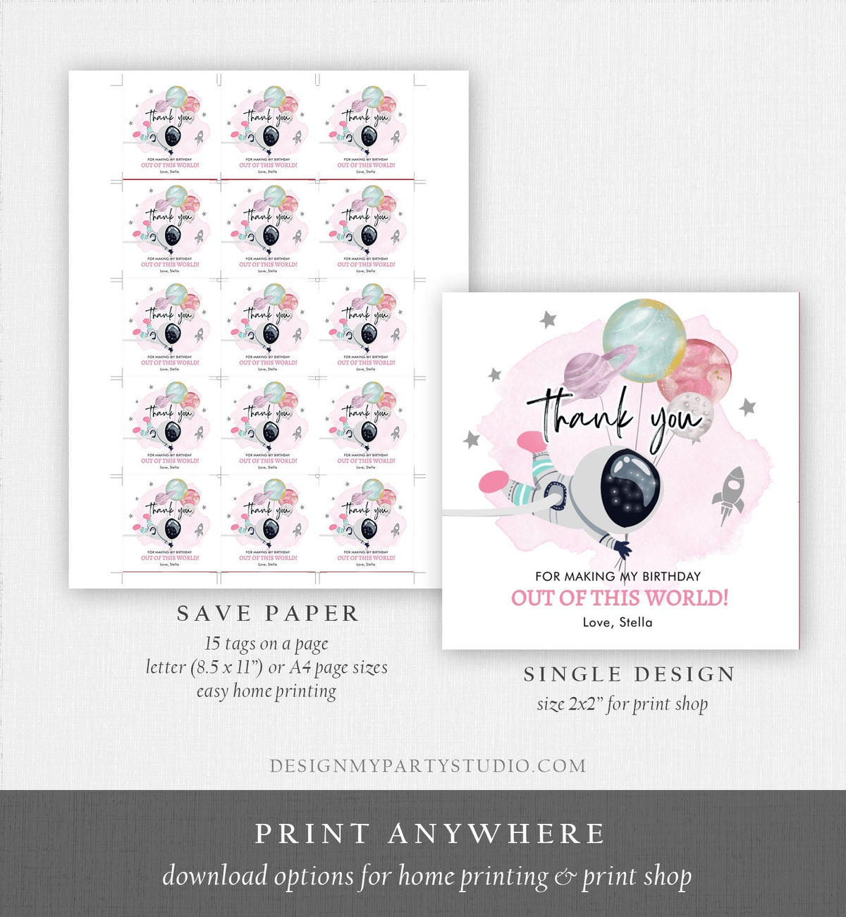 Editable Outer Space Favor Tag Astronaut Birthday Thank You Sticker Girl Pink Trip Out Of World Planets Digital Template Printable 0366