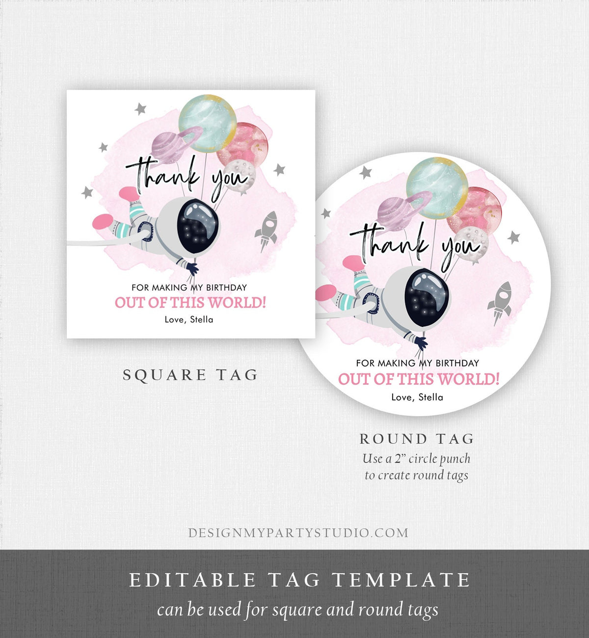 Editable Outer Space Favor Tag Astronaut Birthday Thank You Sticker Girl Pink Trip Out Of World Planets Digital Template Printable 0366