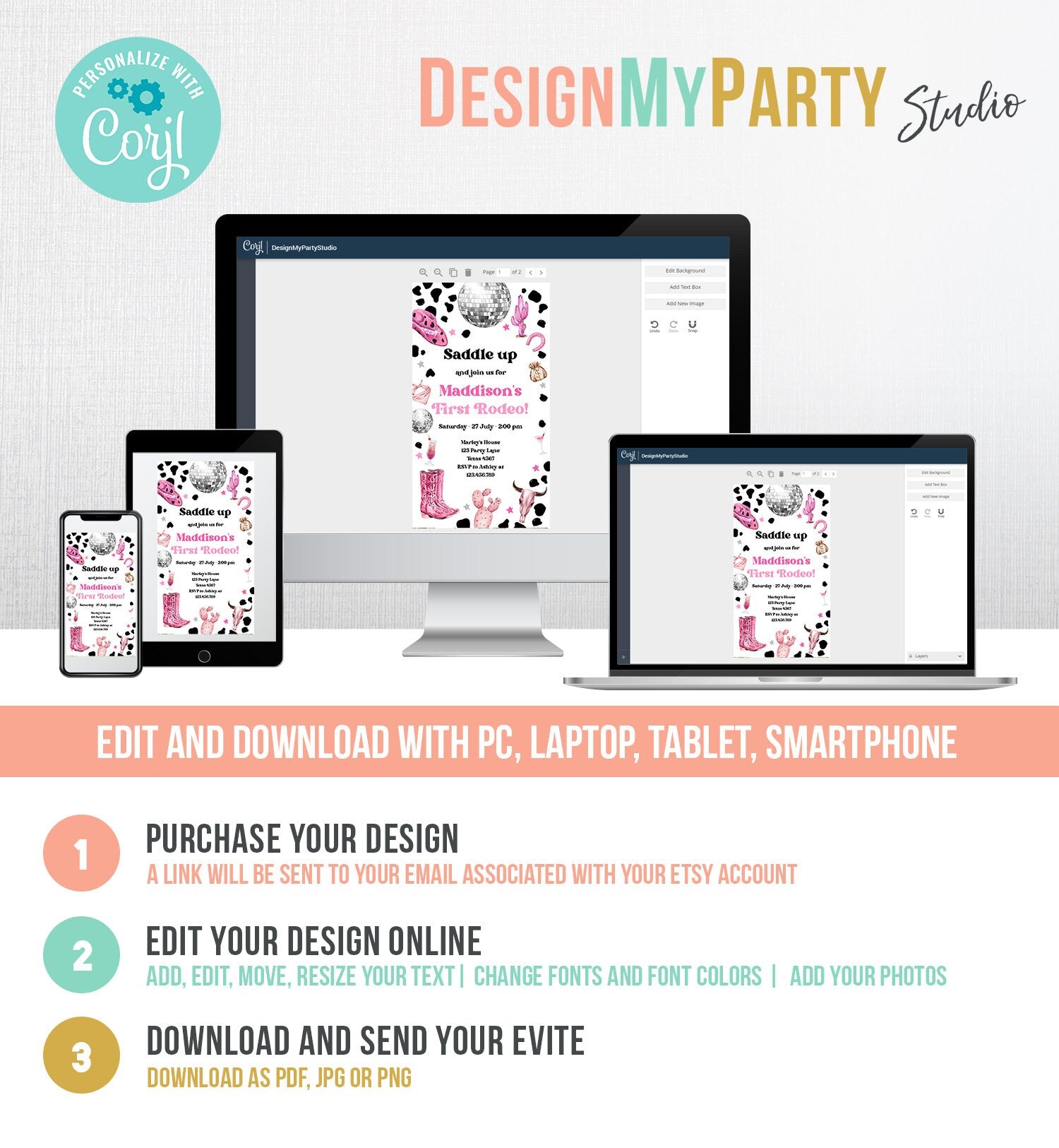 Editable Cowgirl Birthday Party Invitation Disco Cowgirl Invite Pink Girl First Rodeo Wild West 1st Download Phone Evite Template Corjl 0455