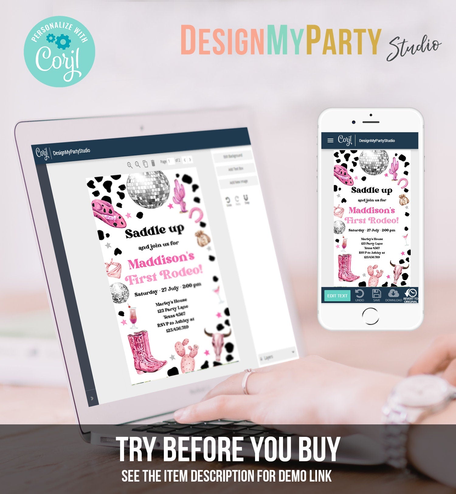 Editable Cowgirl Birthday Party Invitation Disco Cowgirl Invite Pink Girl First Rodeo Wild West 1st Download Phone Evite Template Corjl 0455