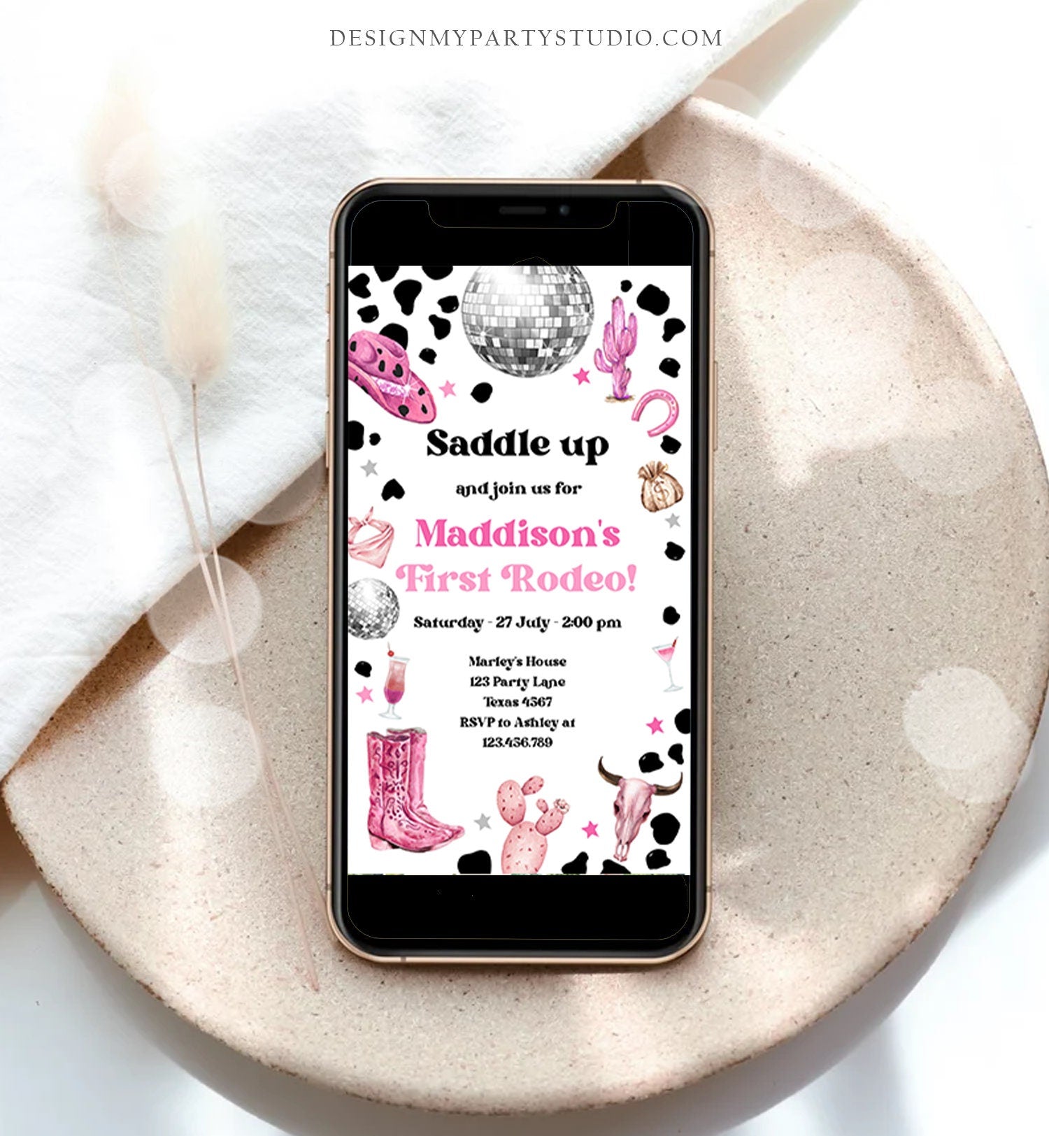 Editable Cowgirl Birthday Party Invitation Disco Cowgirl Invite Pink Girl First Rodeo Wild West 1st Download Phone Evite Template Corjl 0455