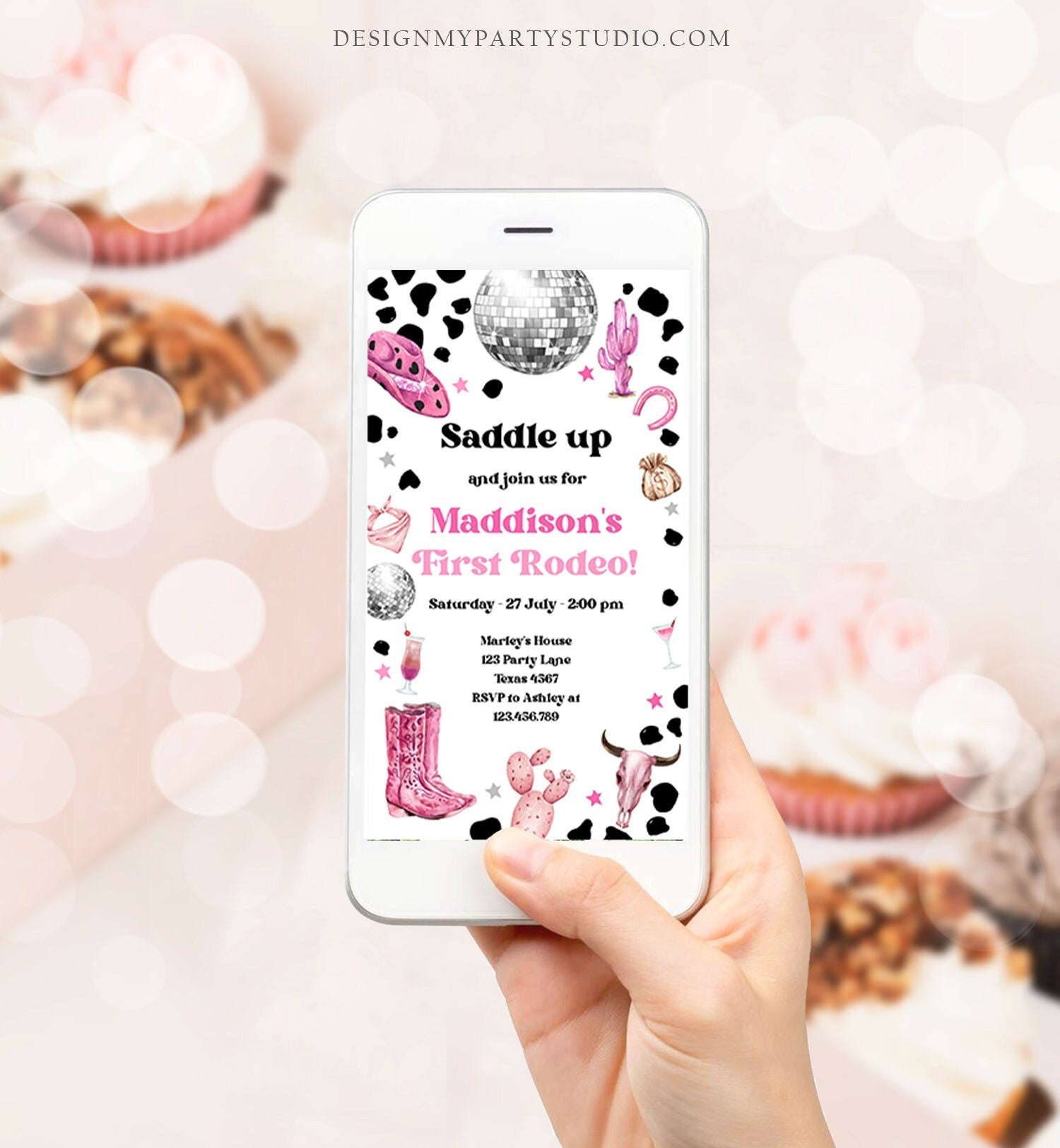 Editable Cowgirl Birthday Party Invitation Disco Cowgirl Invite Pink Girl First Rodeo Wild West 1st Download Phone Evite Template Corjl 0455