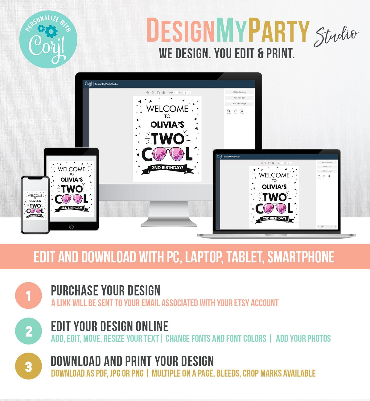 Editable Two Cool Birthday Welcome Sign 2nd Birthday I&#39;m This Many Welcome Girl Birthday Sunglasses Palm Template PRINTABLE Corjl 0136