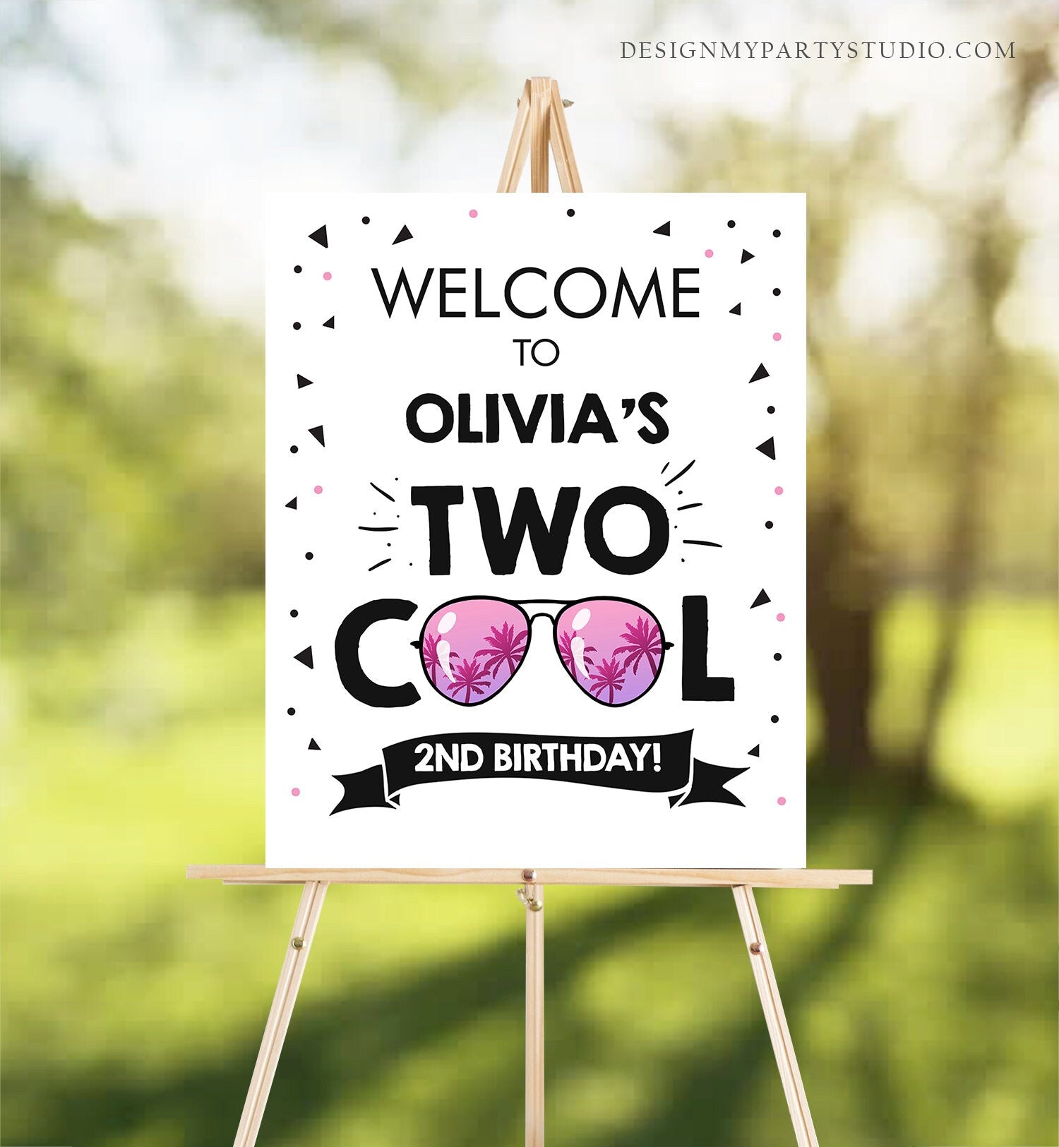 Editable Two Cool Birthday Welcome Sign 2nd Birthday I'm This Many Welcome Girl Birthday Sunglasses Palm Template PRINTABLE Corjl 0136