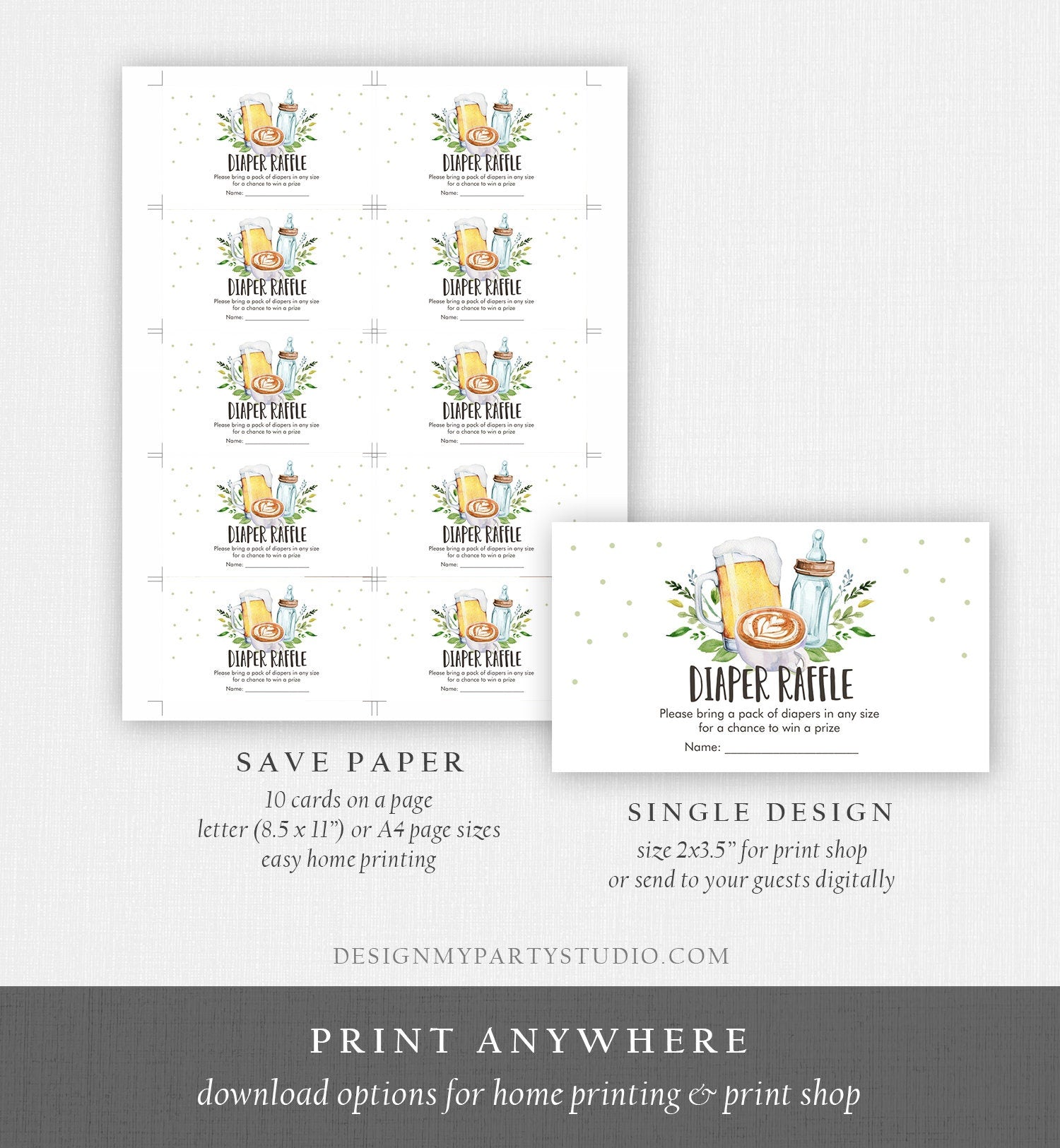 Editable Baby is Brewing Baby Shower Diaper Raffle Ticket Game Card Insert Beers Bottles Coffee Download Template Digital Printable 0190