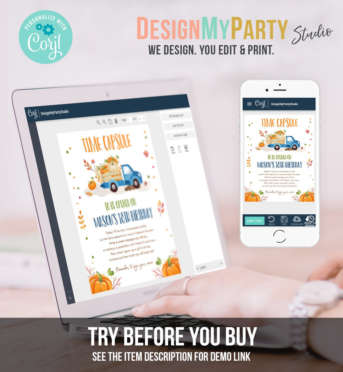 Editable Pumpkin Truck Birthday Time Capsule First 1st Pumpkin Fall Autumn Blue Truck Barnyard Boy Leaves Corjl Template Printable 0153