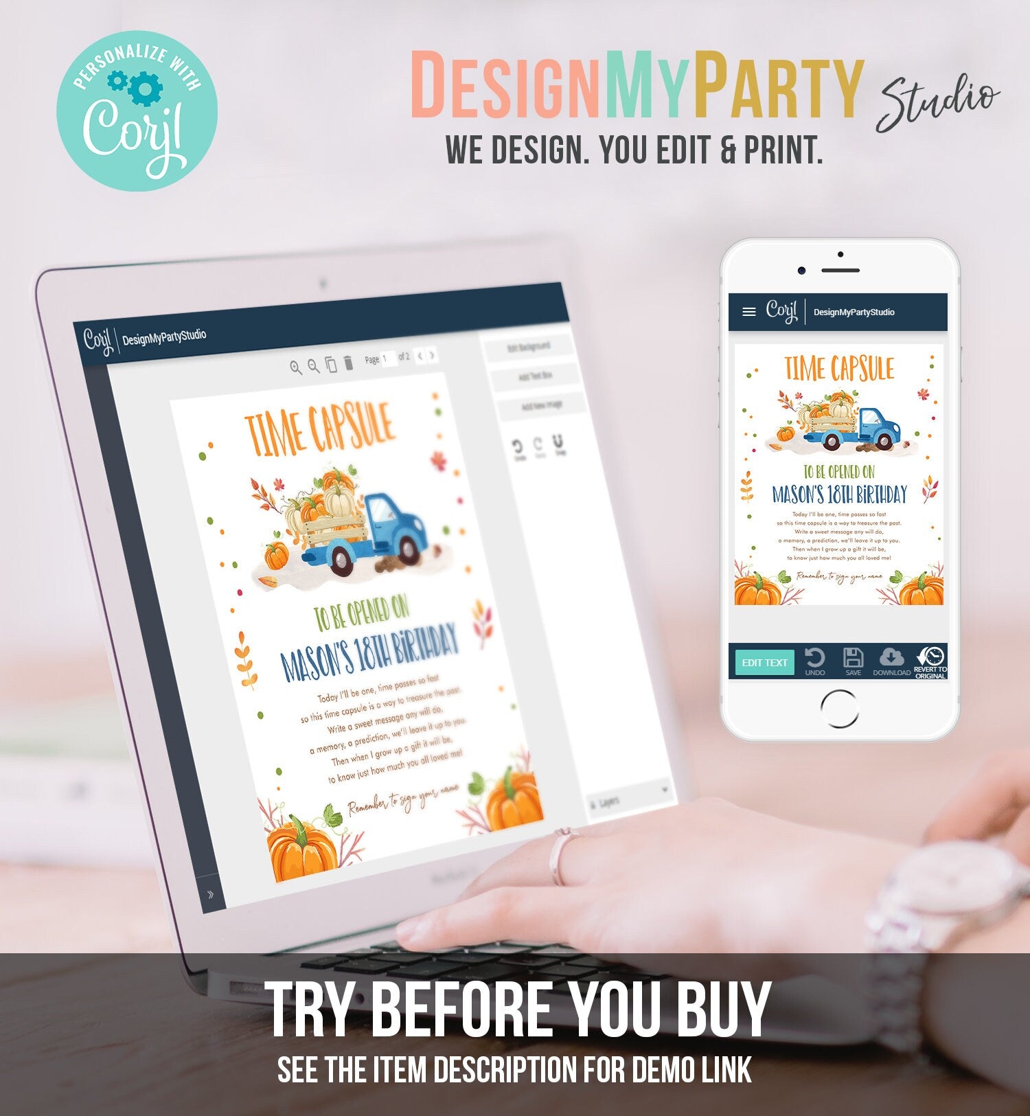 Editable Pumpkin Truck Birthday Time Capsule First 1st Pumpkin Fall Autumn Blue Truck Barnyard Boy Leaves Corjl Template Printable 0153