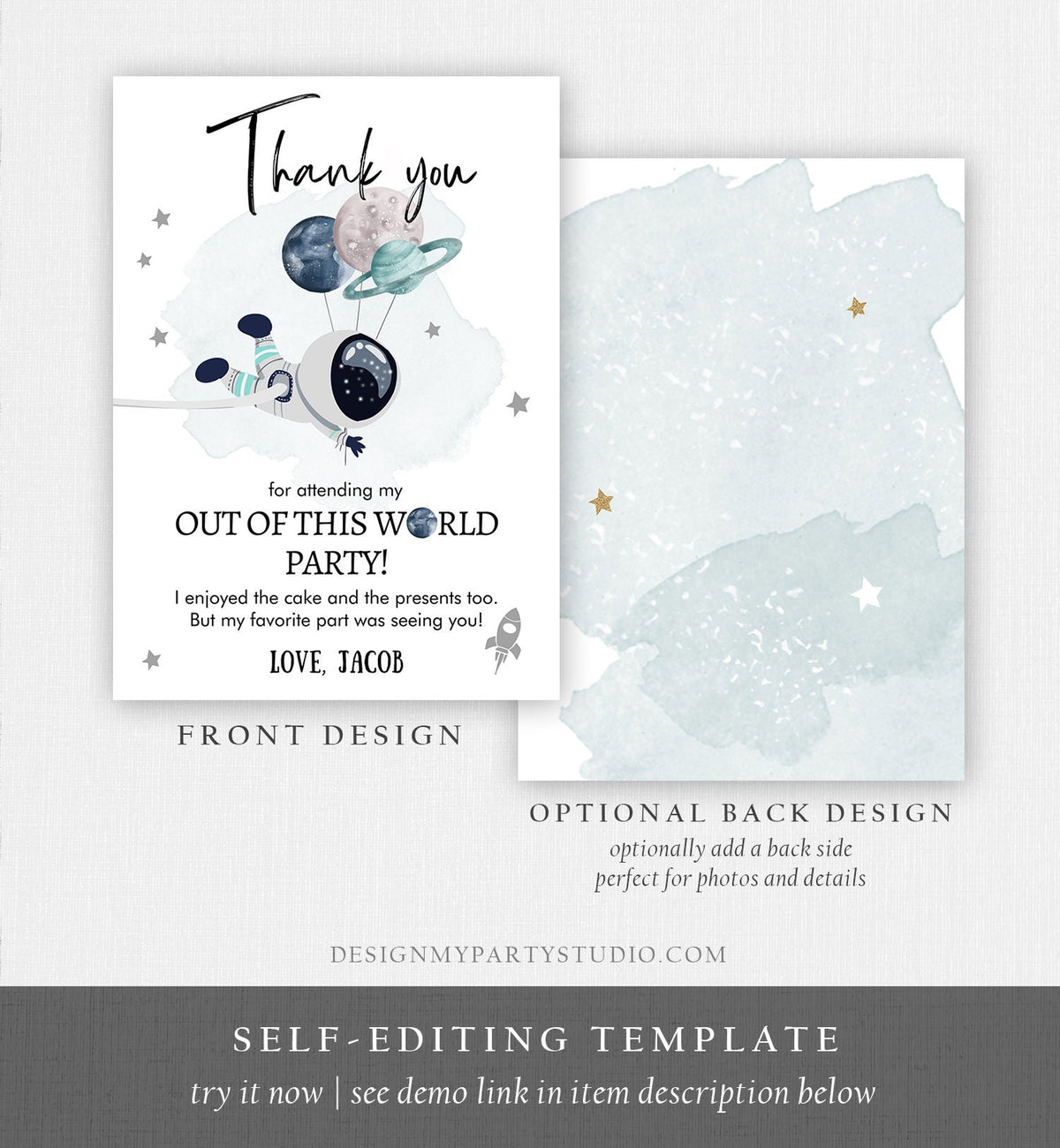 Editable Space Birthday Thank You Card Space Astronaut Thank You Note Planets Boy Blue Digital Download Template Printable 0366