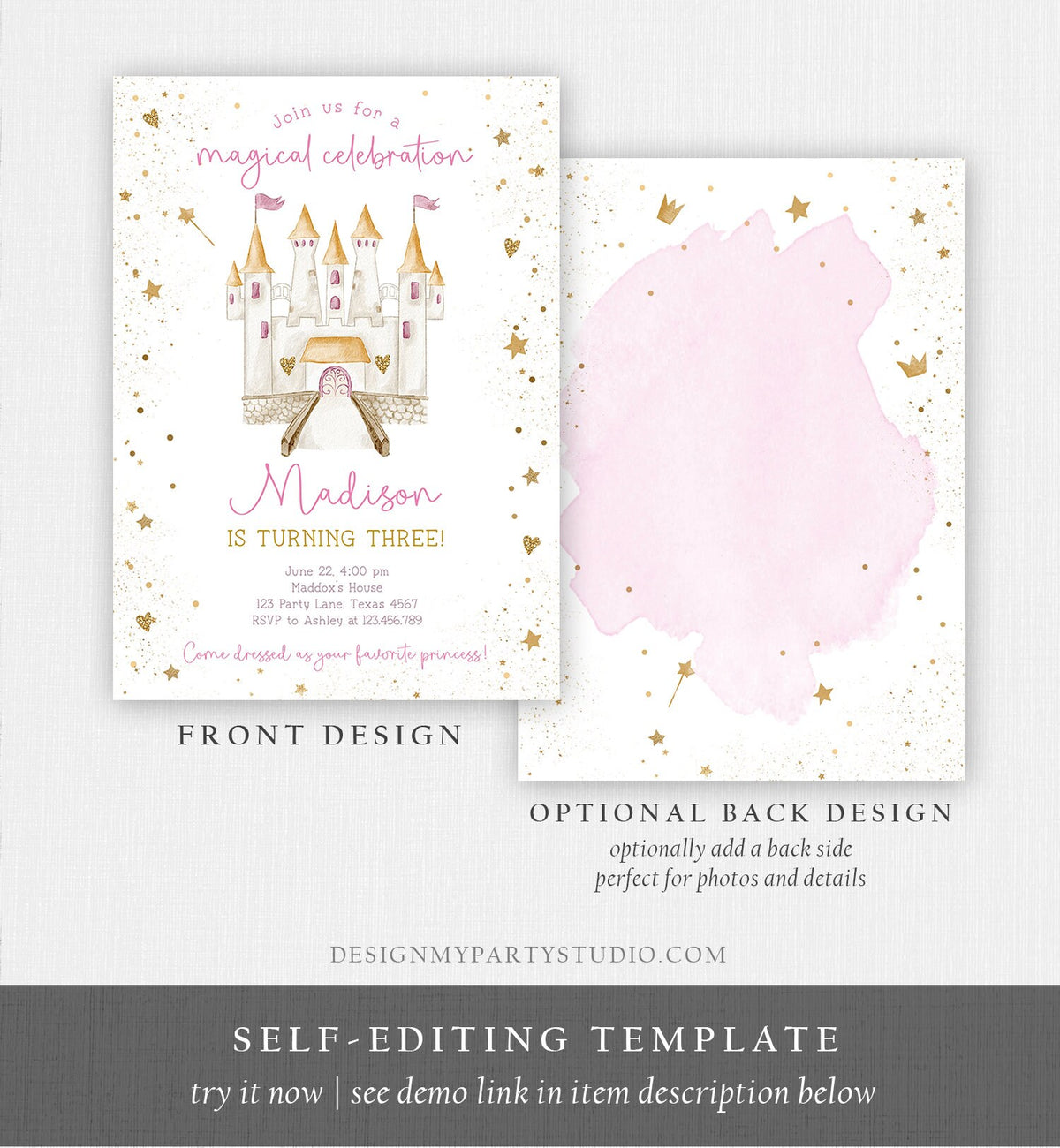 Editable Princess Castle Birthday Invitation Once Upon a Time Princess Royal Birthday Girl Magical Celebration Template Corjl Printable 0477