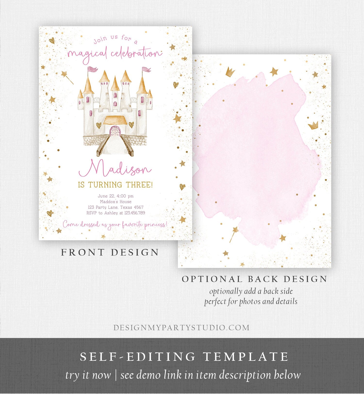 Editable Princess Castle Birthday Invitation Once Upon a Time Princess Royal Birthday Girl Magical Celebration Template Corjl Printable 0477