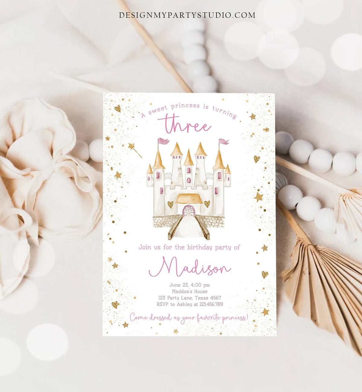 Editable Princess Castle Third Birthday Invitation Once Upon a Time Princess Royal Girl Magical Celebration Digital Template Printable 0477
