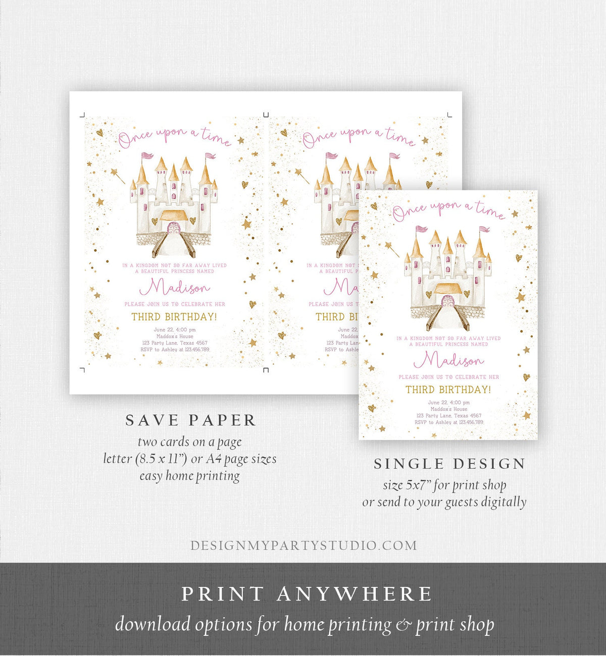 Editable Princess Castle Birthday Invitation Once Upon a Time Princess Royal Girl Magical Celebration Digital Template Printable 0477