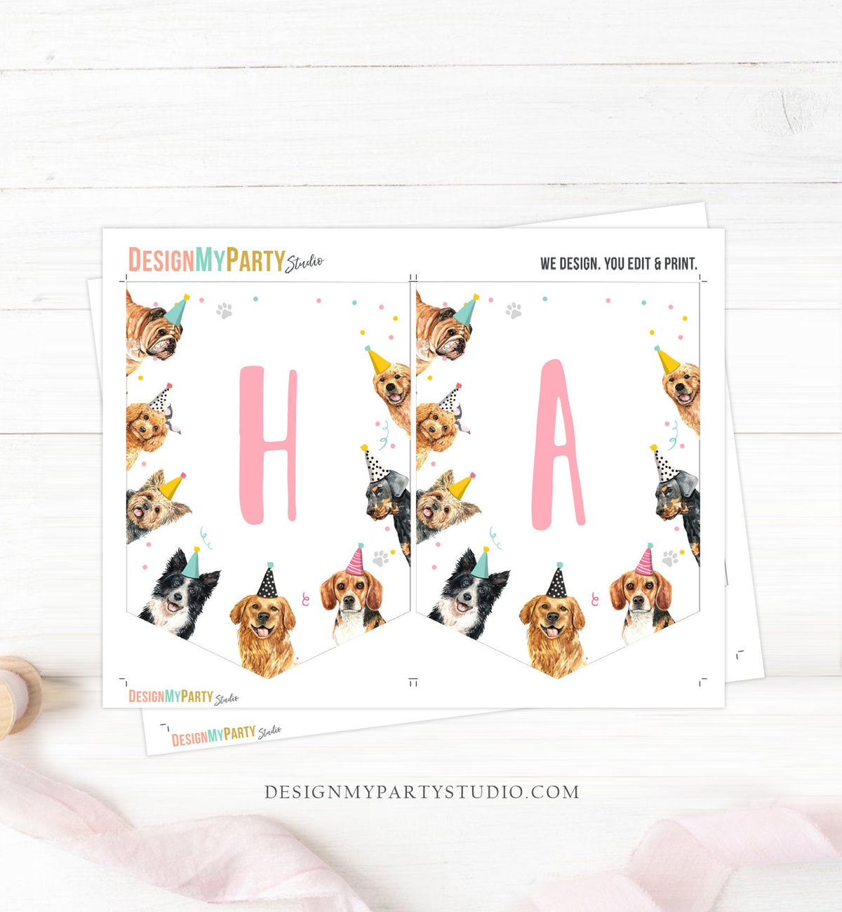 Happy Birthday Banner Dog Birthday Banner Puppy Pawty Girl Decor Animal Pet Vet Puppy Party Dogs 1st Download PRINTABLE DIGITAL DIY 0384