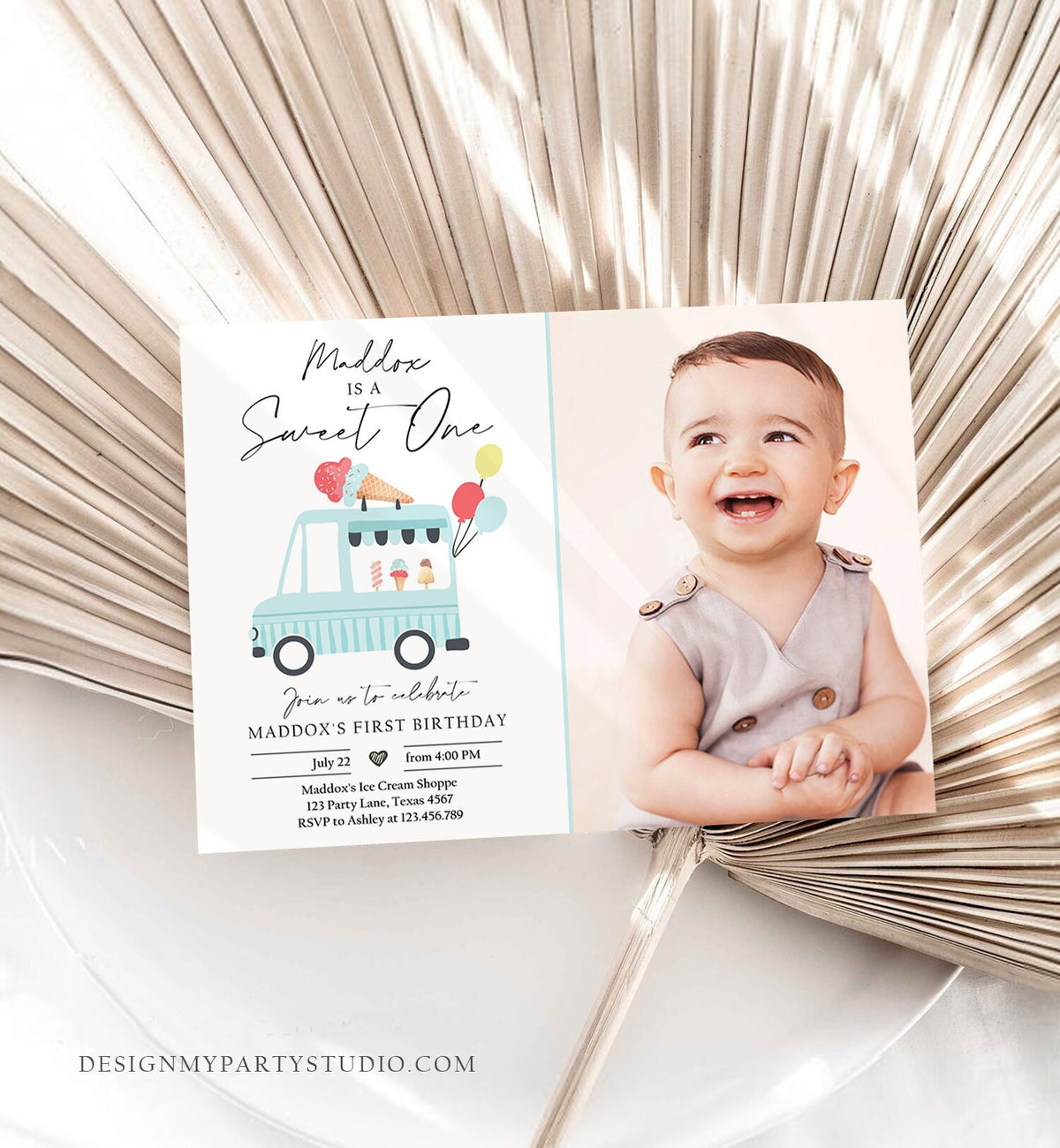 Editable Ice Cream Truck Birthday Invitation Boy Ice Cream Sweet One Modern 1st Birthday Party First Download Printable Template Corjl 0415