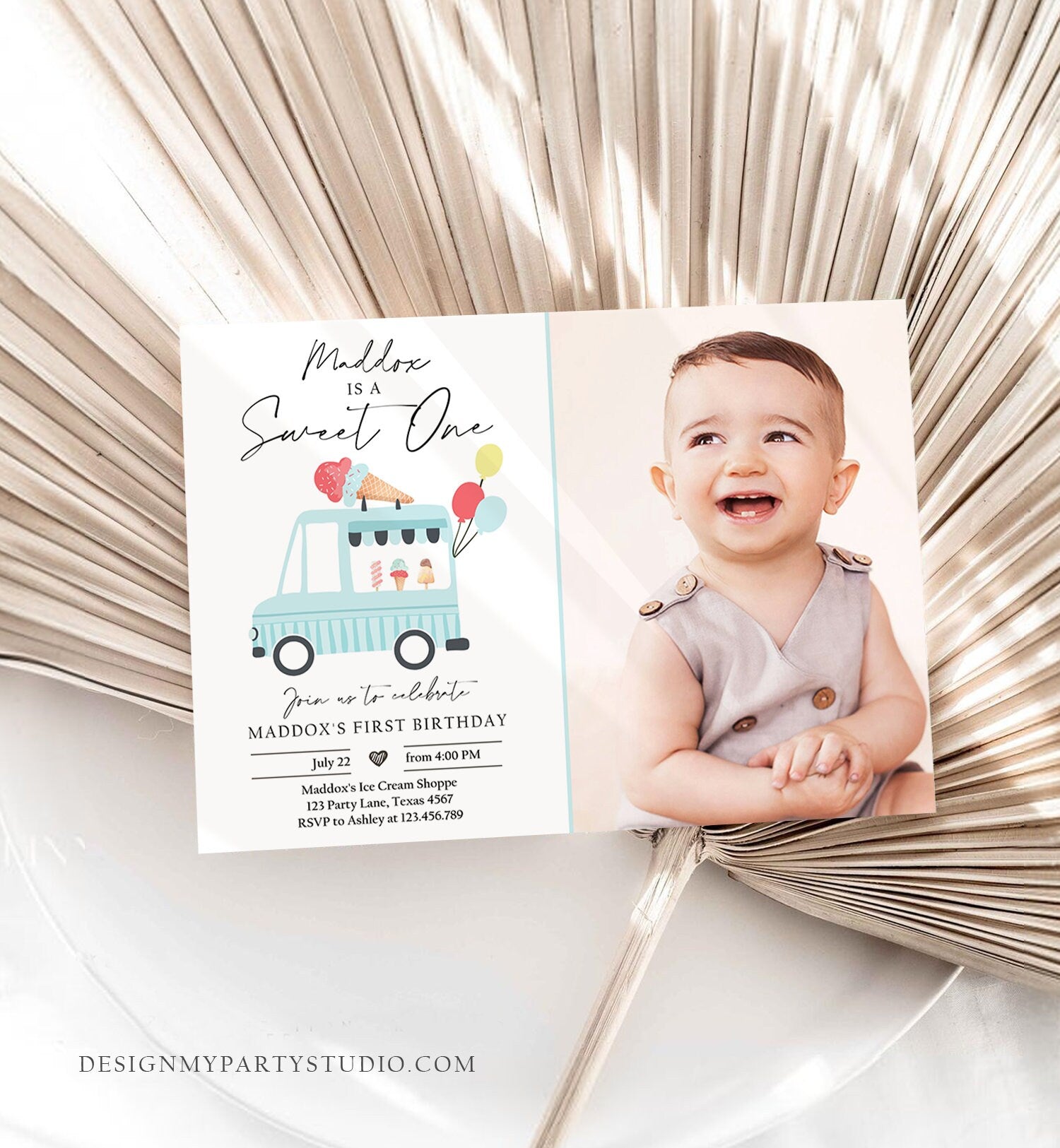 Editable Ice Cream Truck Birthday Invitation Boy Ice Cream Sweet One Modern 1st Birthday Party First Download Printable Template Corjl 0415