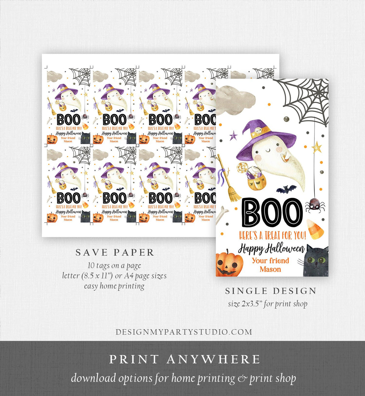 Editable Halloween Favor Tags Boo Gift Tags Costume Party Trick Or Treat Favor Tags Ghost Treat Tag Digital Download Template Printable 0261