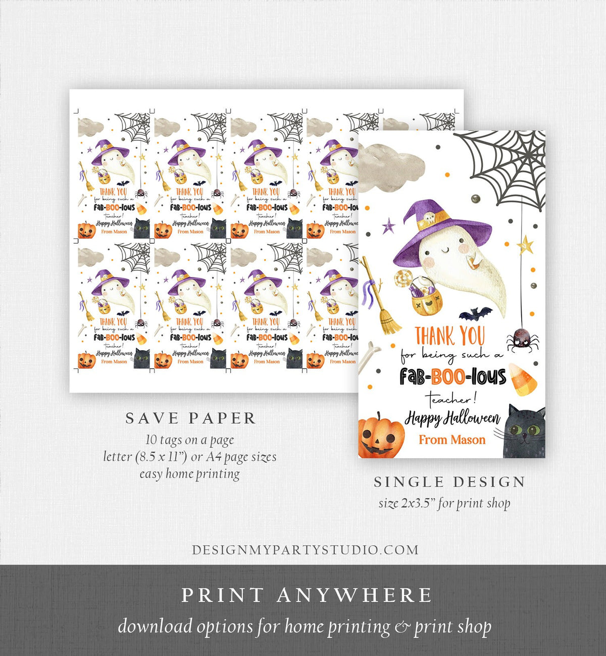 Editable Halloween Favor Tags Ghost Gift Tags Fab-BOO-lous Teacher Appreciation Cute Ghost Treat Digital Download Template Printable 0261