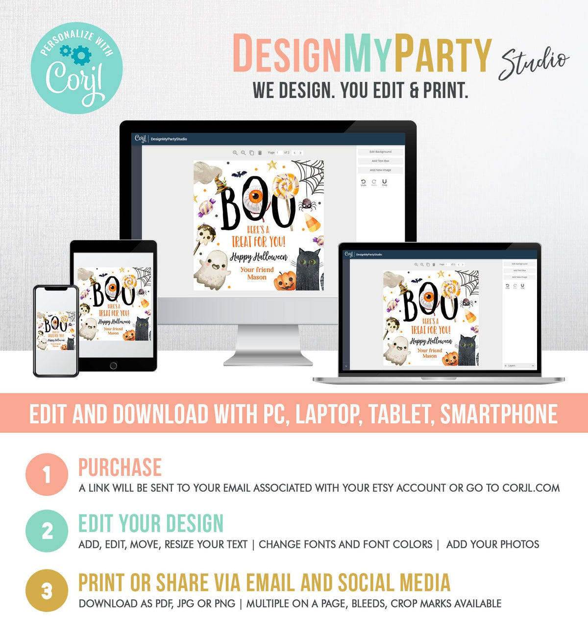 Editable Halloween Favor Tags Boo Gift Tags Costume Party Trick Or Treat Favor Tags Ghost Treat Tag Digital Download Template Printable 0261