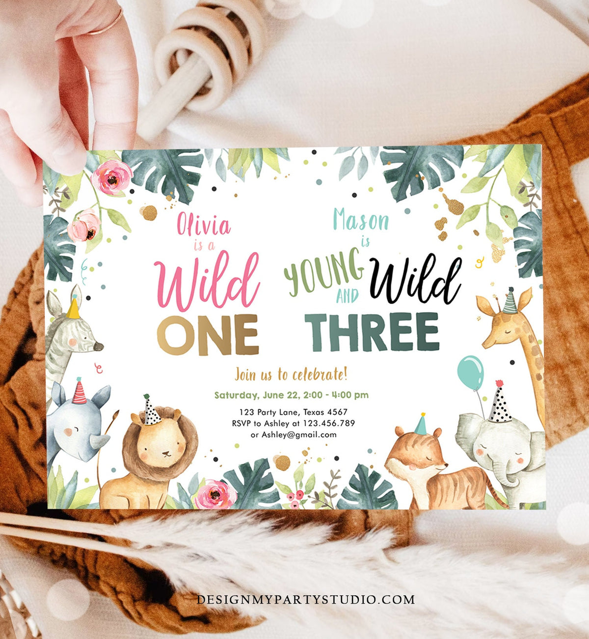 Editable Safari Animals Joint Birthday Invitation Boy Girl Wild One and Three Combined Party Zoo Wild and Three Template Digital Corjl 0163