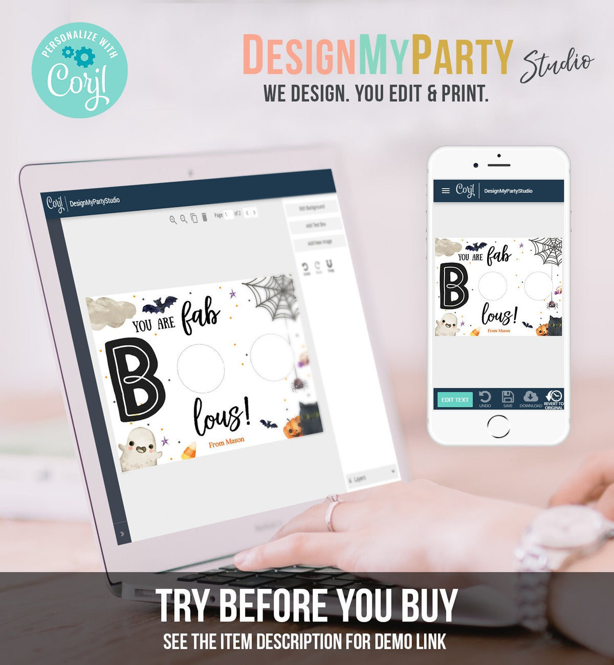 Editable Halloween Favor Card Halloween Gift Tag Trick Or Treat Halloween School Treat BOO Digital Download Template Printable 0261