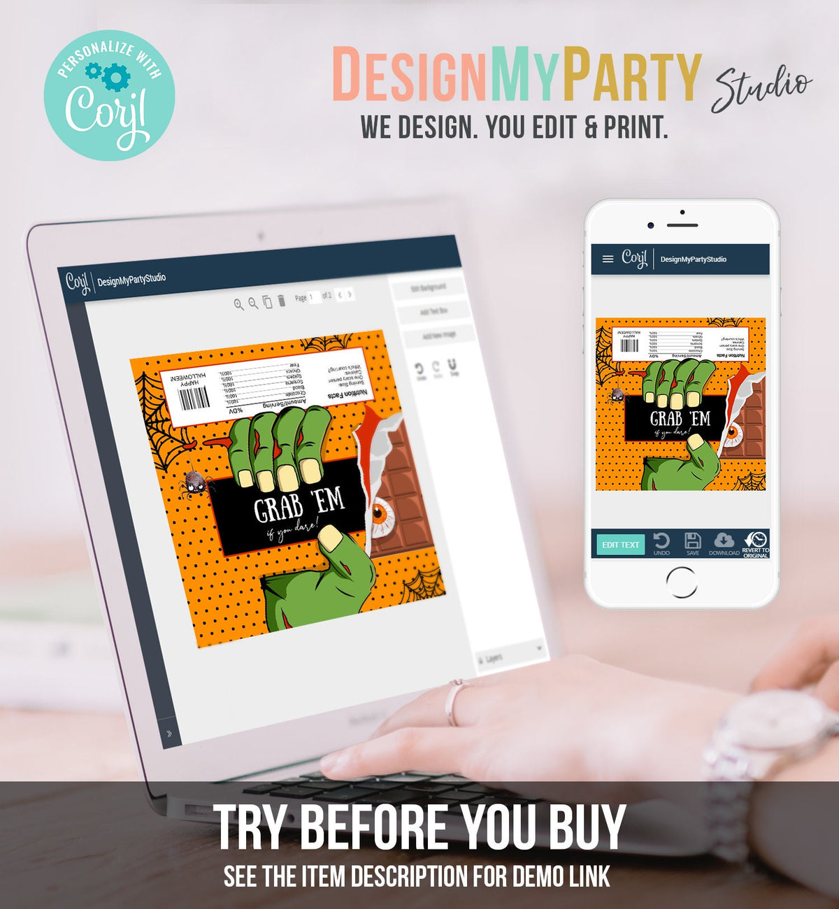 Editable Halloween Party Favor Halloween Candy Bar Wrapper Halloween Chocolate Bar Labels Zombie Gift Download Corjl Template Printable 0261