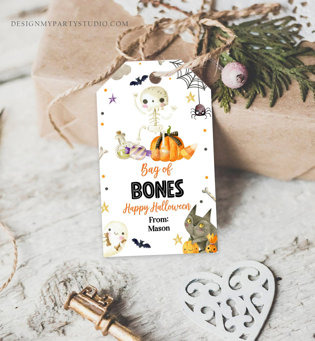 Editable Halloween Gift Tag Skeleton Gift Tags Trick Or Treat Halloween School Treat Bag of Bones Tag Download Printable Template Corjl 0261