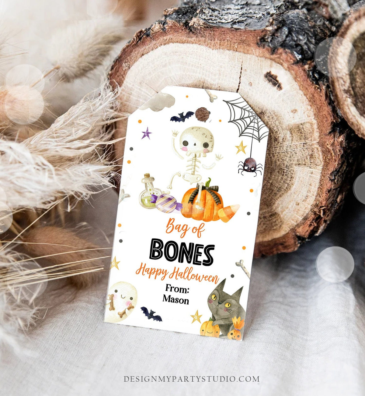 Editable Halloween Gift Tag Skeleton Gift Tags Trick Or Treat Halloween School Treat Bag of Bones Tag Download Printable Template Corjl 0261