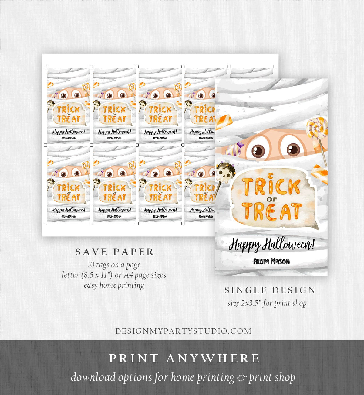 Editable Halloween Favor Tag Mummy Gift Tags Costume Party Trick Or Treat Candy Tags Mummy Treat Digital Download Template Printable 0261