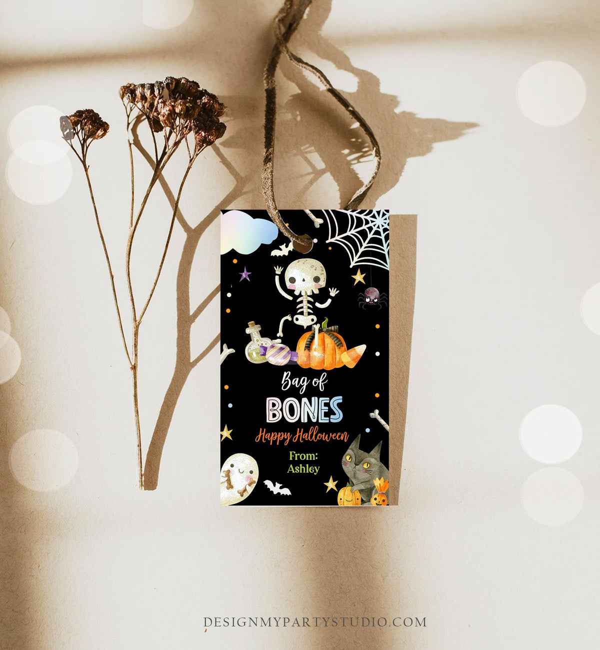 Editable Halloween Gift Tag Skeleton Gift Tags Trick Or Treat Halloween School Treat Bag of Bones Digital Download Template Printable 0261