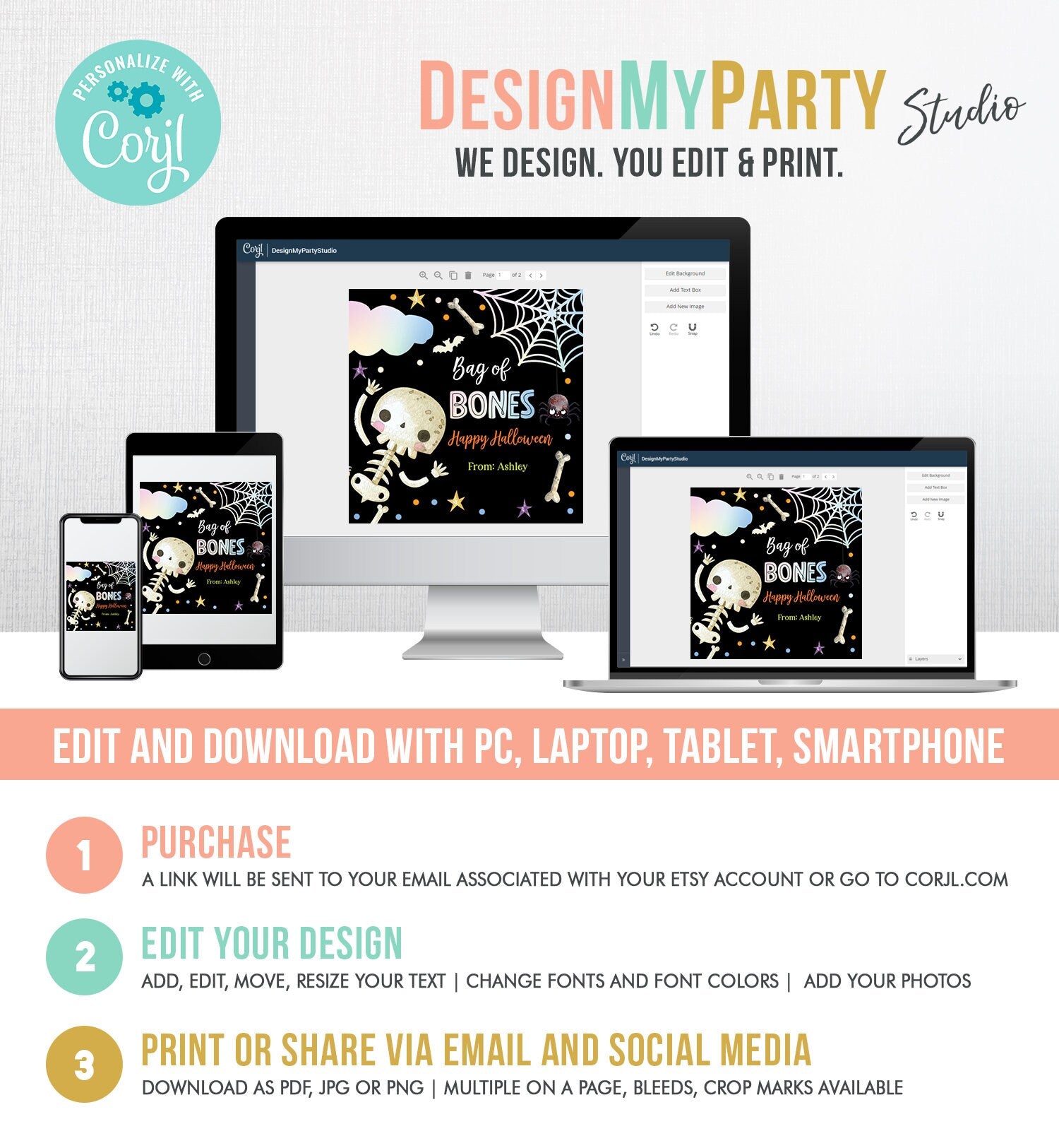 Editable Halloween Gift Tag Skeleton Sticker Trick Or Treat Halloween School Treat Bag of Bones Tag Digital Download Template Printable 0261