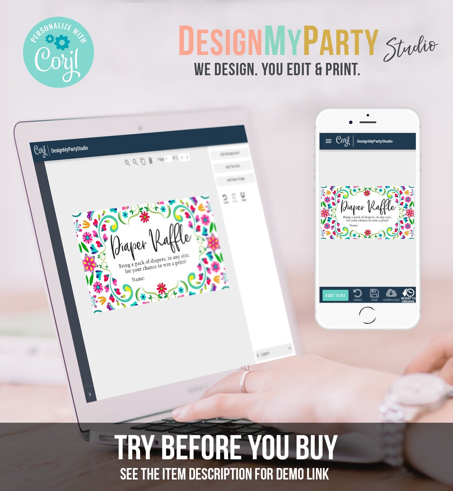 Editable Diaper Raffle Ticket Floral Fiesta Baby Shower Diaper Game Succulent Diaper Ticket Flowers Game Corjl Template Printable 0466