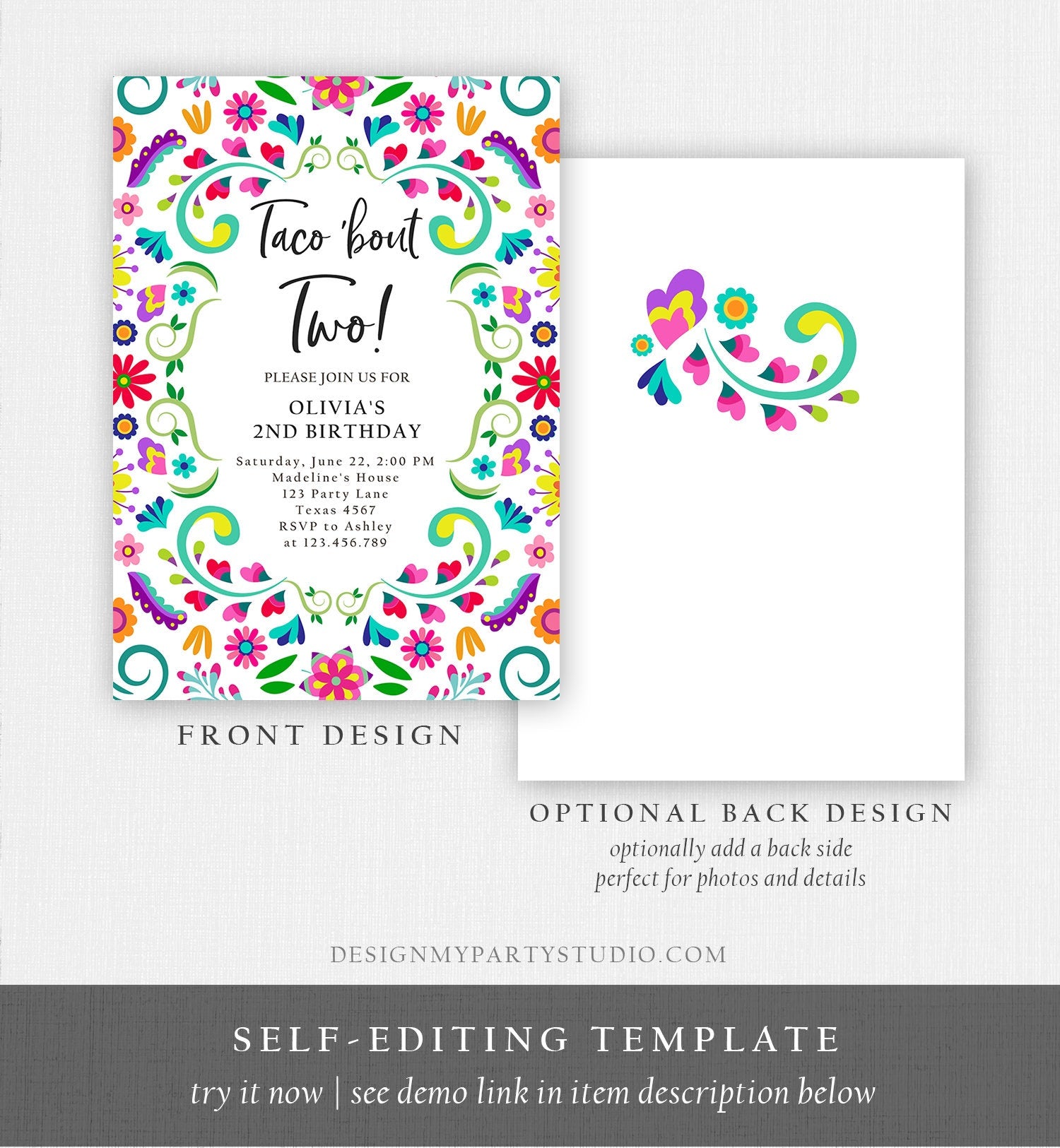 Editable Taco Bout Two Birthday Invitation ANY AGE Girl Boy Floral Fiesta Mexican Second Birthday Download Printable Corjl Template 0466