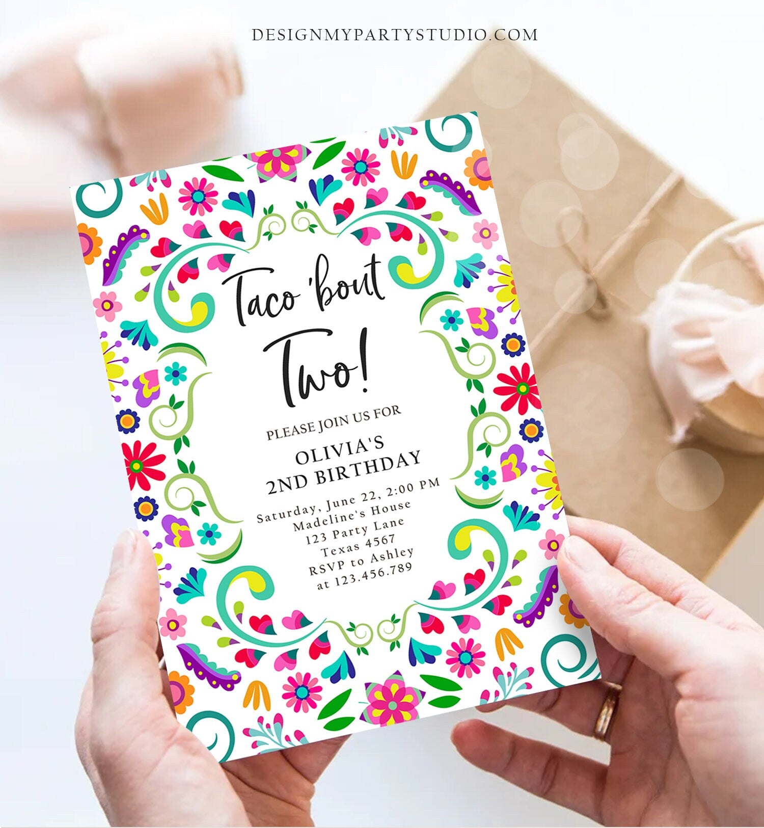 Editable Taco Bout Two Birthday Invitation ANY AGE Girl Boy Floral Fiesta Mexican Second Birthday Download Printable Corjl Template 0466
