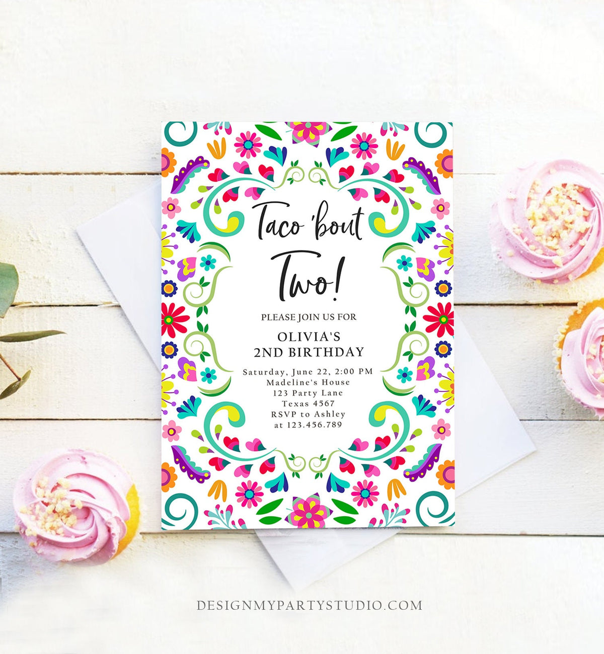 Editable Taco Bout Two Birthday Invitation ANY AGE Girl Boy Floral Fiesta Mexican Second Birthday Download Printable Corjl Template 0466