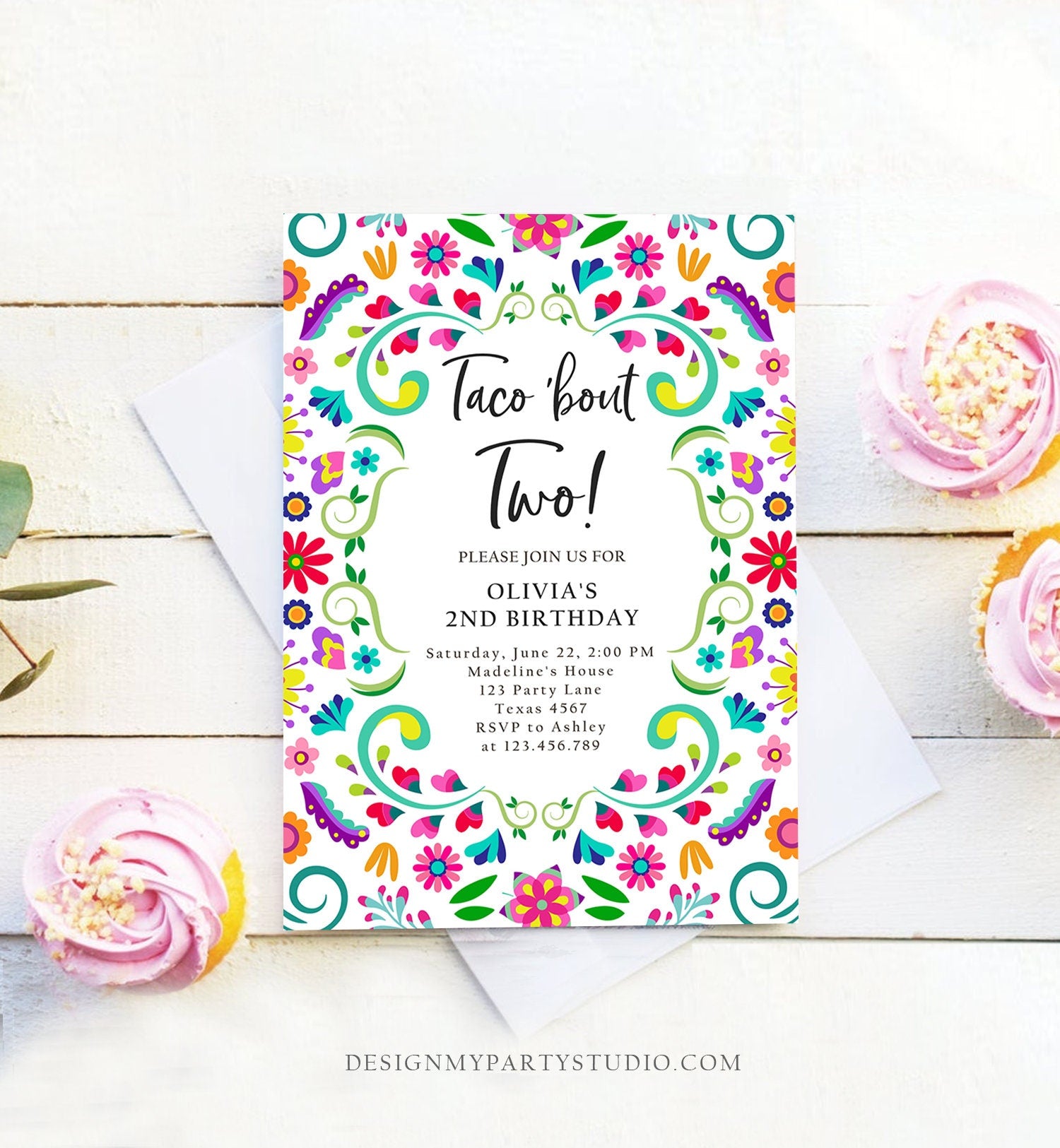 Editable Taco Bout Two Birthday Invitation ANY AGE Girl Boy Floral Fiesta Mexican Second Birthday Download Printable Corjl Template 0466