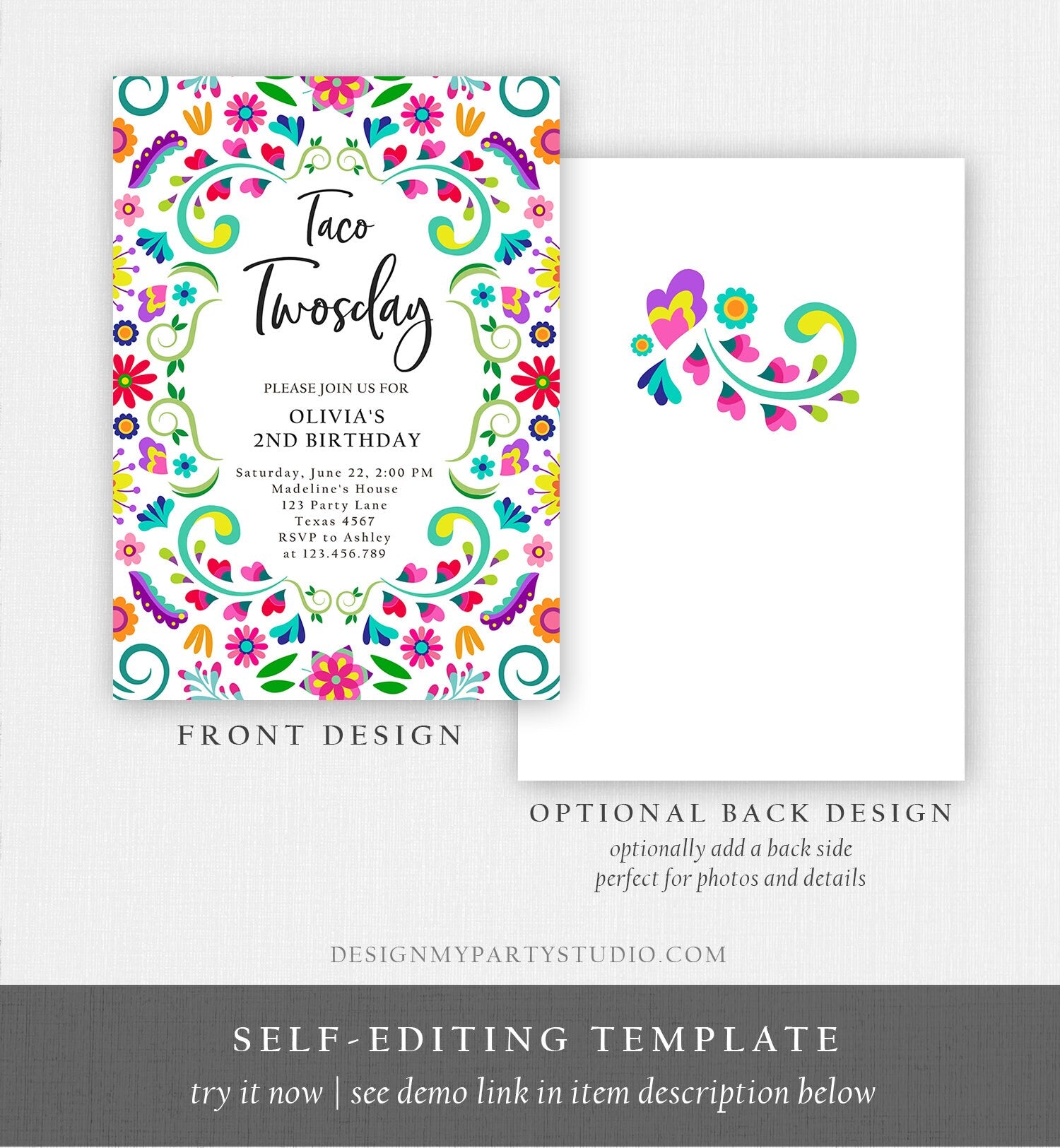 Editable Taco Twosday Fiesta Birthday Invitation Second Birthday 2nd Floral Mexican Tacos Girl Cactus Download Corjl Template Printable 0466