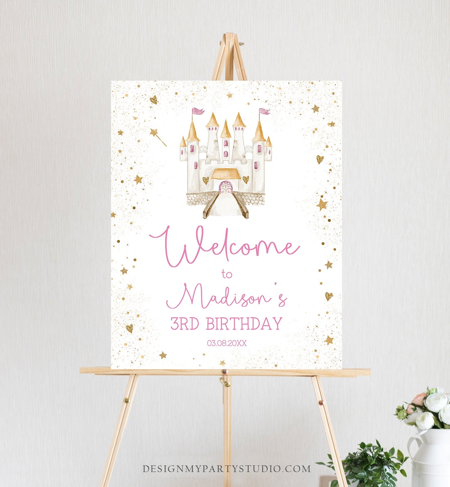 Editable Princess Castle Birthday Welcome Sign Girl Princess Welcome Royal Dress-up Party Costume Pink Gold Template Corjl PRINTABLE 0477