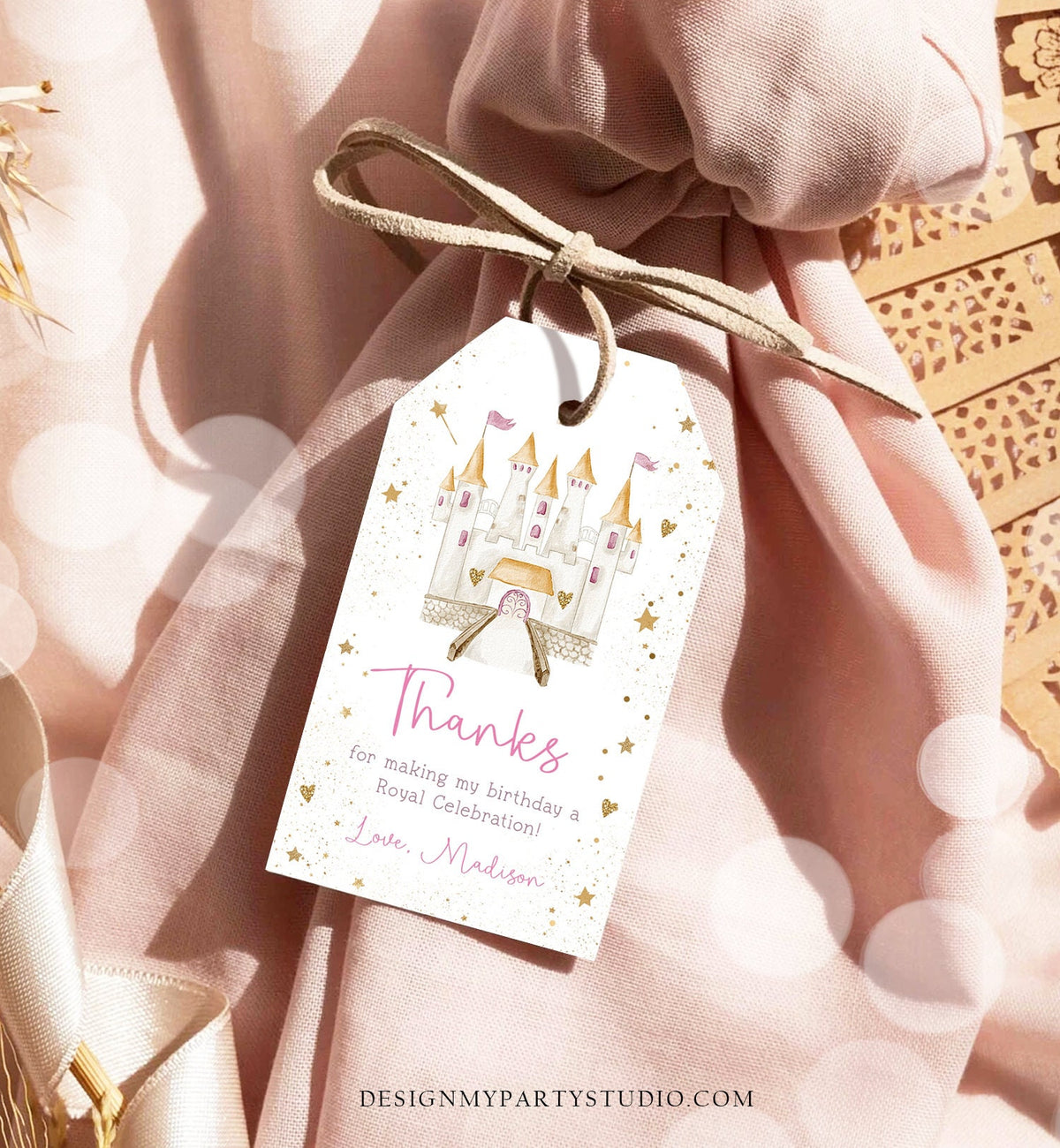 Editable Princess Castle Favor Tags Thank You Girl Birthday Royal Party Princess Costume Magical Download Corjl Template Printable 0477