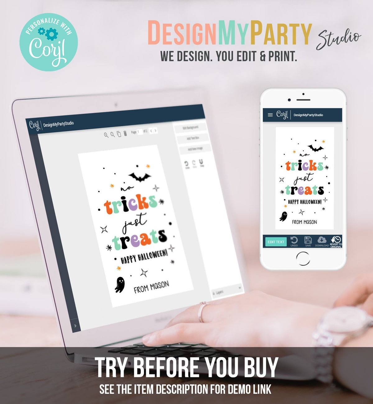 Editable Halloween Gift Tag No Tricks Just Treats Halloween Favor Treat Tag Trick Or Treat Kids Digital Download Template Printable 0261