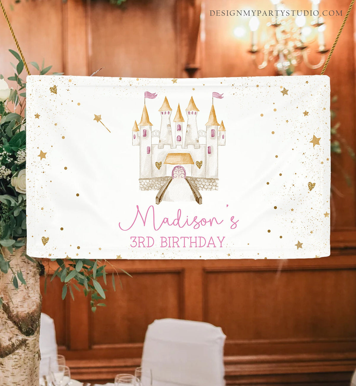 Editable Princess Castle Birthday Backdrop Royal Birthday Girl Pink Magical Celebration Decor Digital Download Template Printable 0477