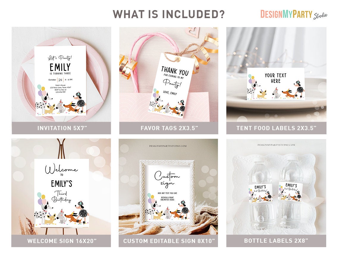 Simple Dog Birthday Invitation Bundle Dogs Puppy Party Invite Birthday Come Sit Stay Girl 1st Birthday Printable Corjl Template 0429