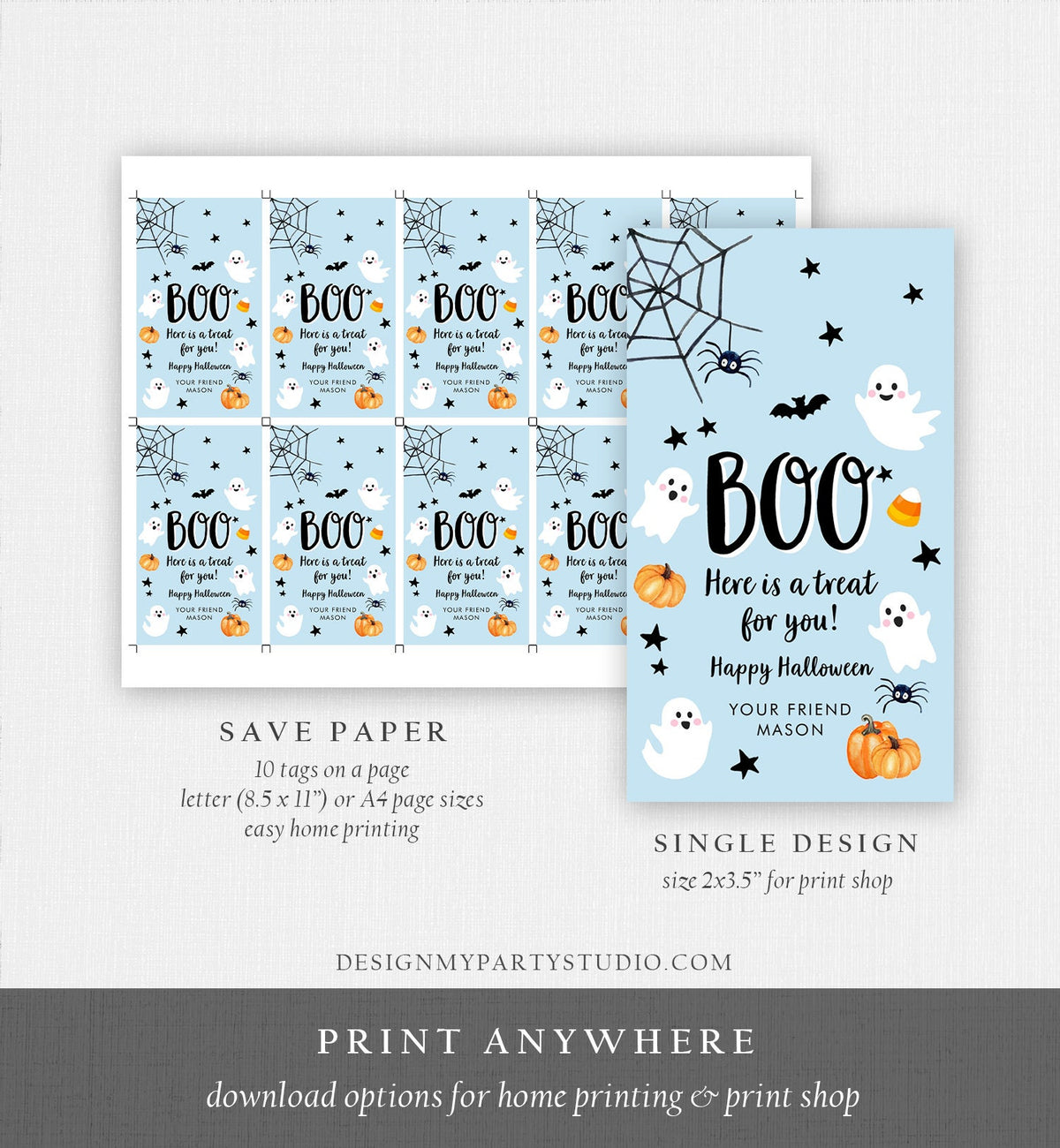 Editable Halloween Favor Tags Boo Gift Tags Costume Party Trick Or Treat Boy Blue Birthday Party Digital Download Template Printable 0418