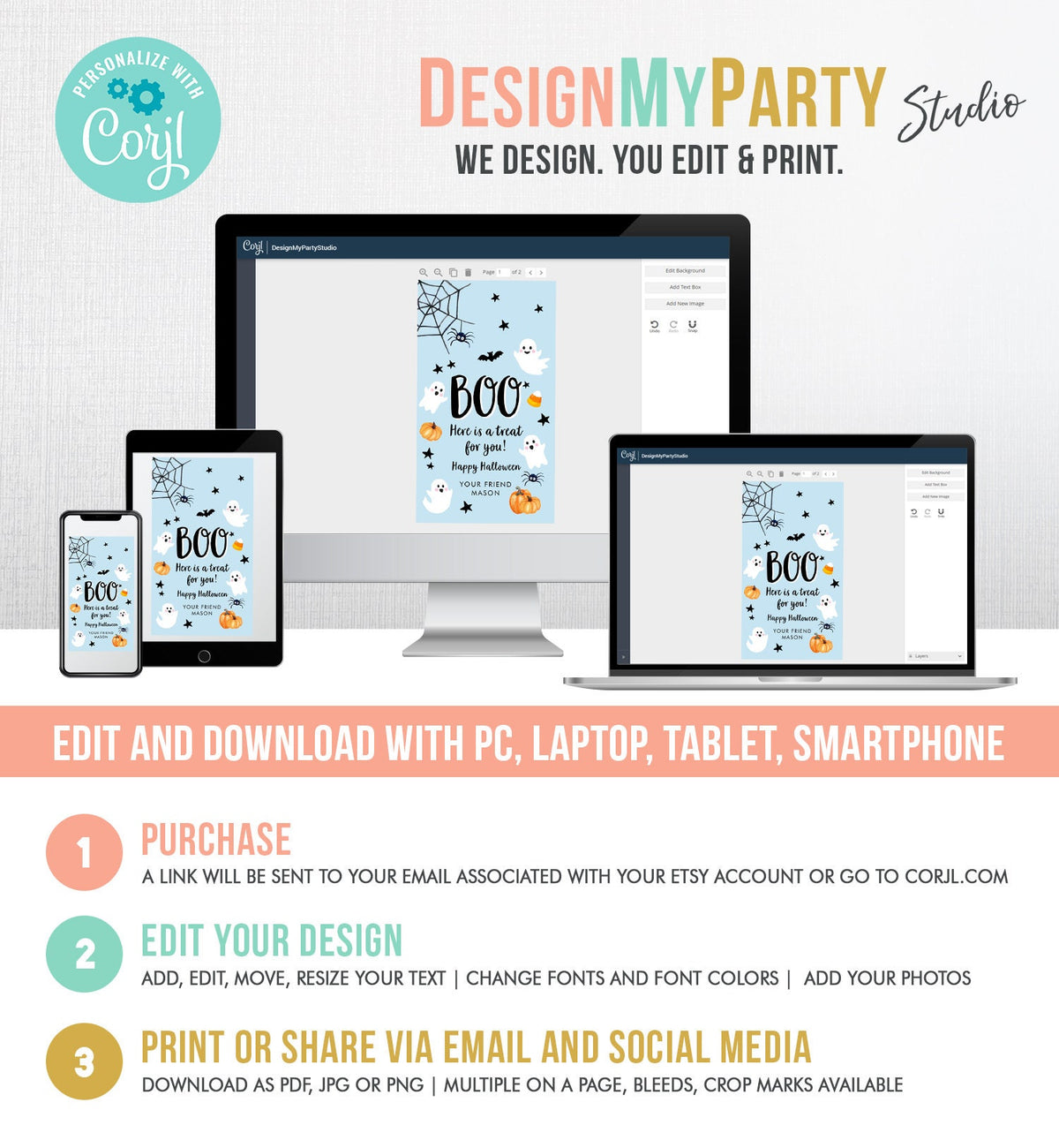 Editable Halloween Favor Tags Boo Gift Tags Costume Party Trick Or Treat Boy Blue Birthday Party Digital Download Template Printable 0418